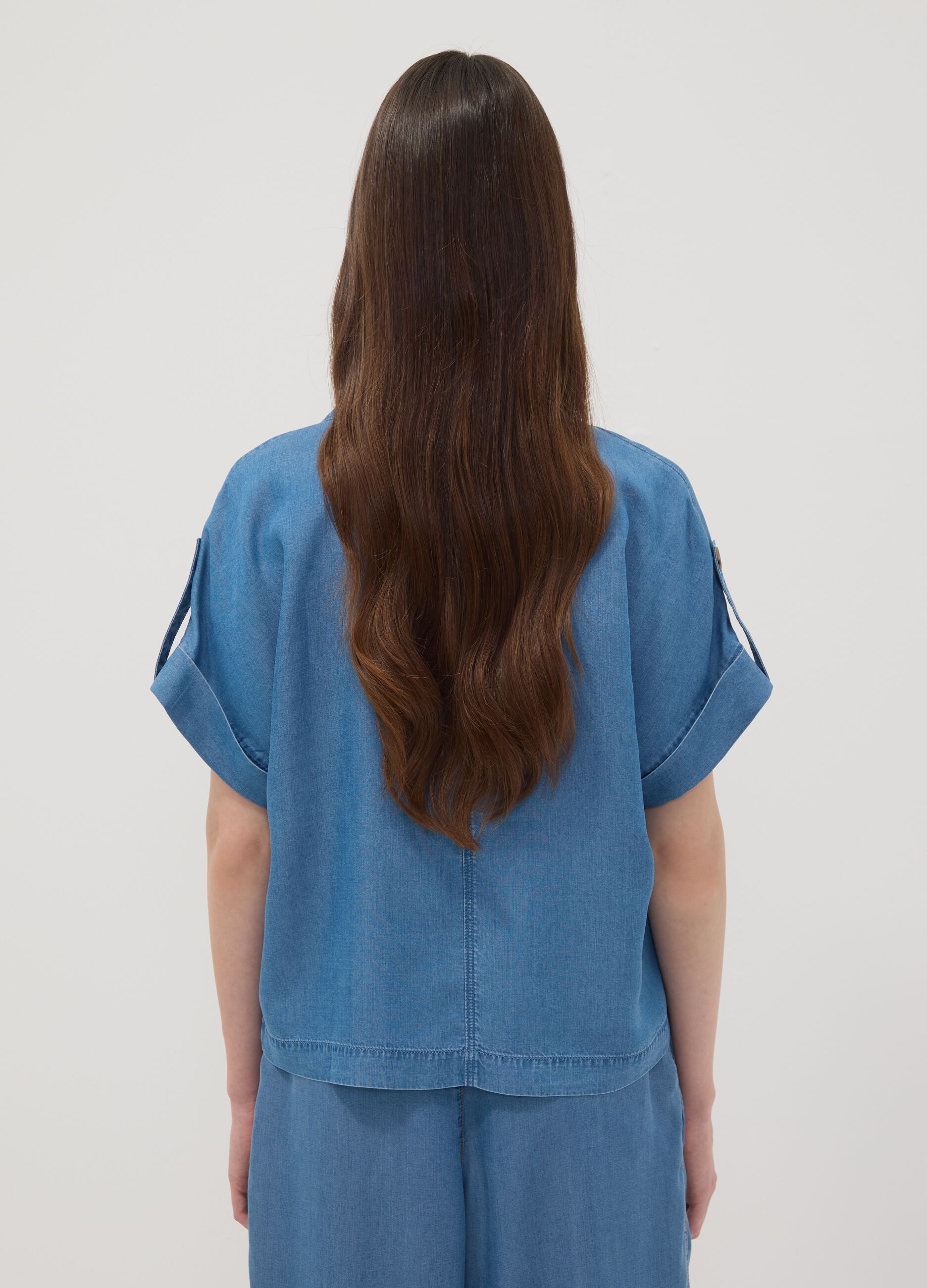Light blue pure lyocell shirt with patterned collar