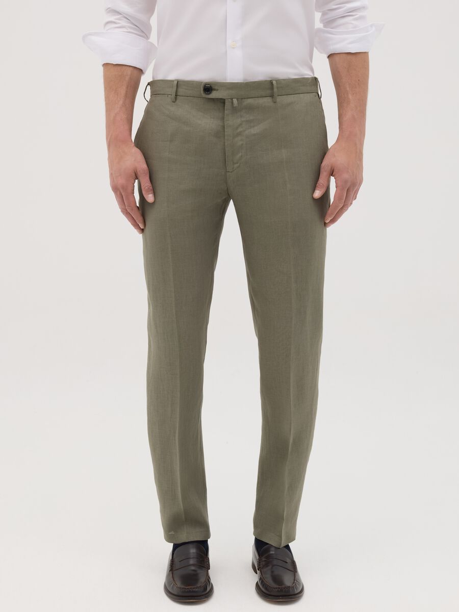 Men’s green slim-fit trousers in 100% linen_1