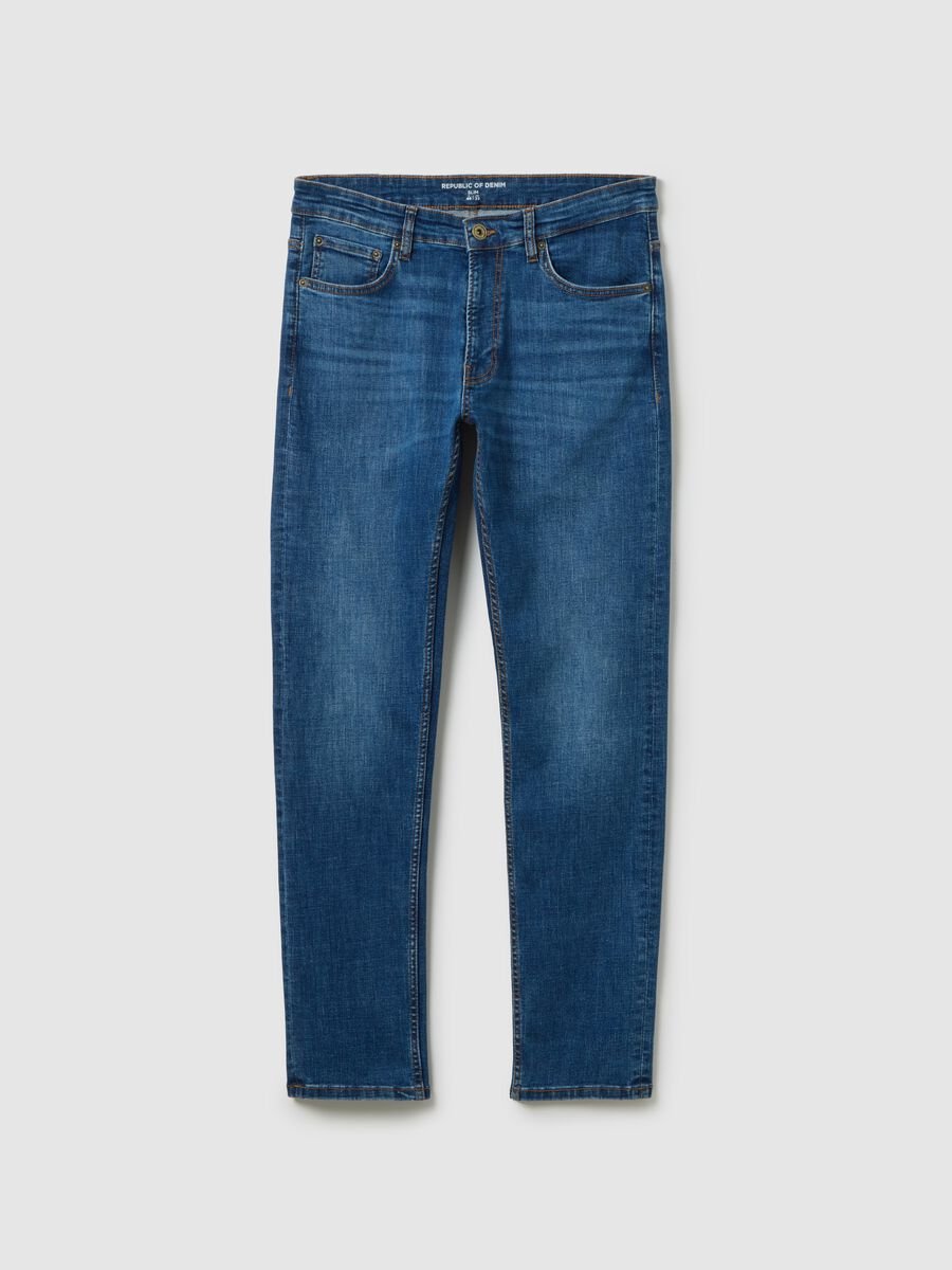 Blue denim stretch cotton slim fit jeans_0