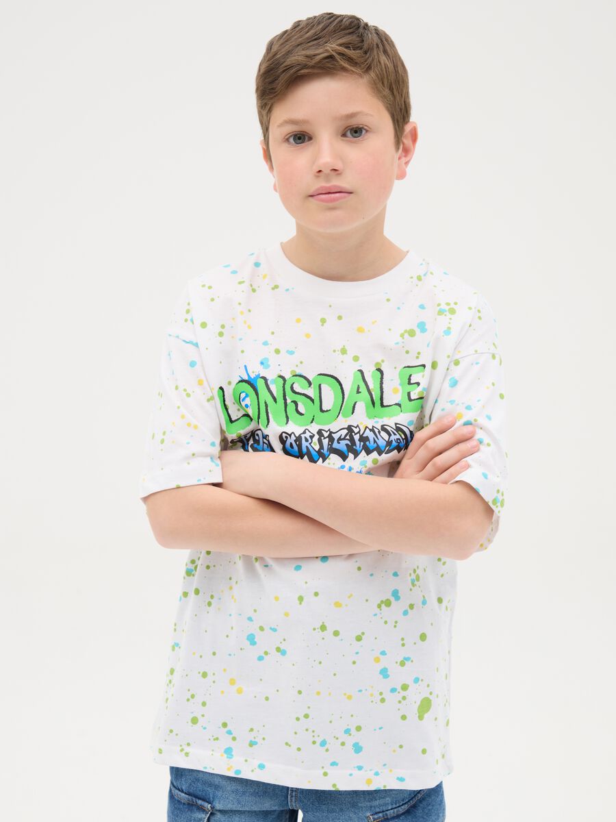Cotton T-shirt with logo and paint splashes print_0