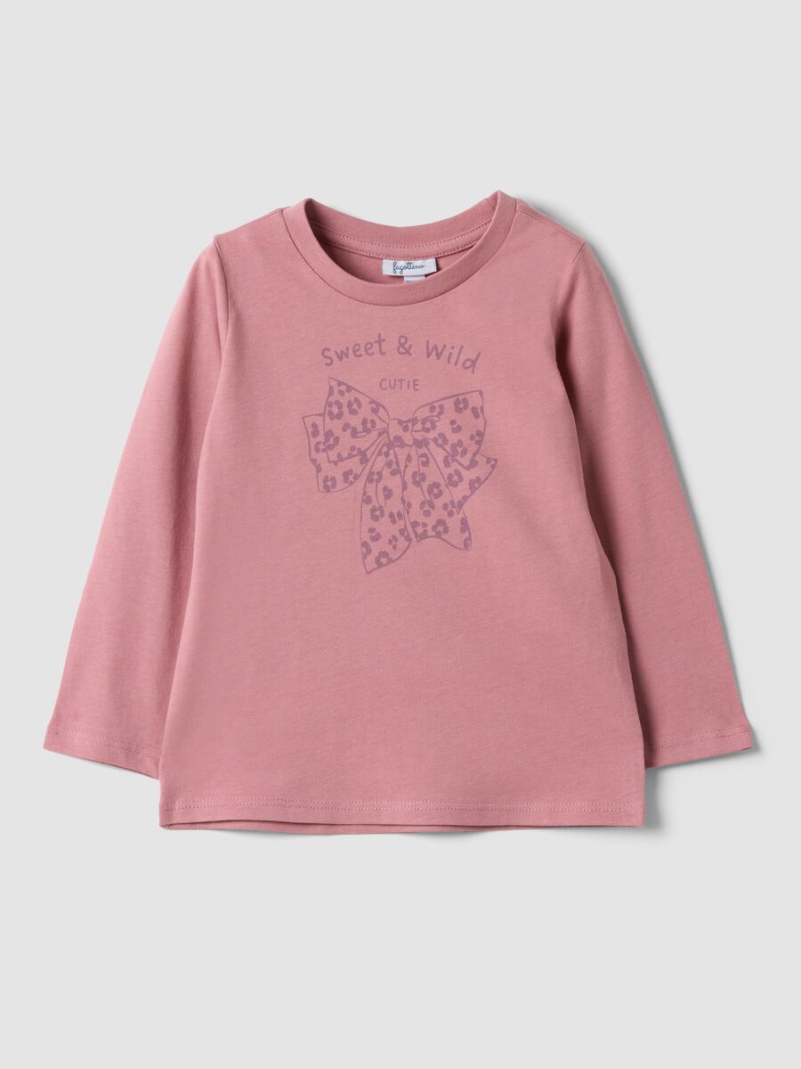 Maglietta rosa in puro cotone organico con stampa fiocco per bimba_0