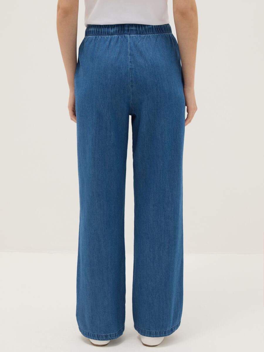 Wide leg blue denim pure cotton trousers with elastic waistband_2