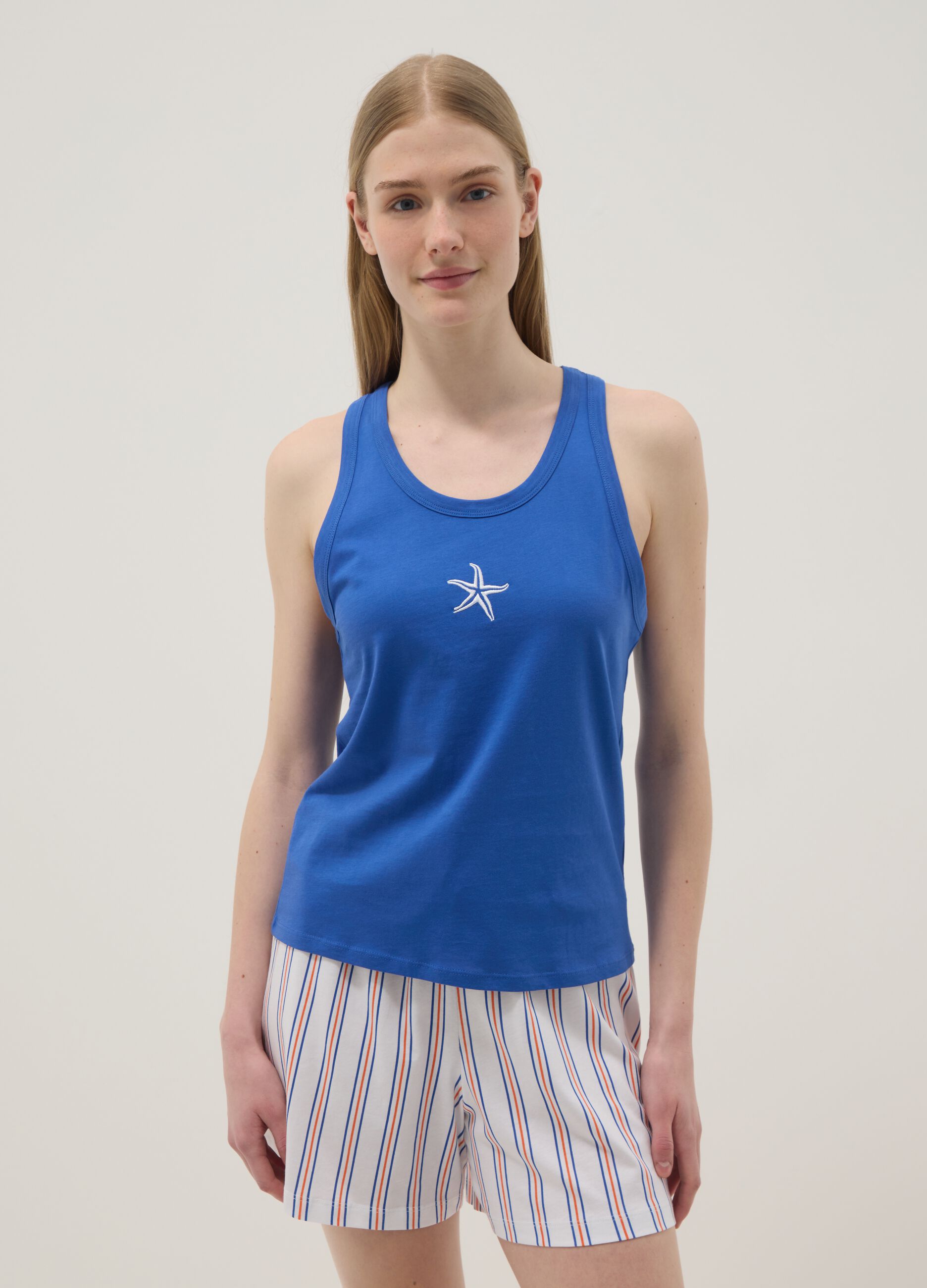 Blue pure cotton pyjama vest top, regular fit, with embroidery