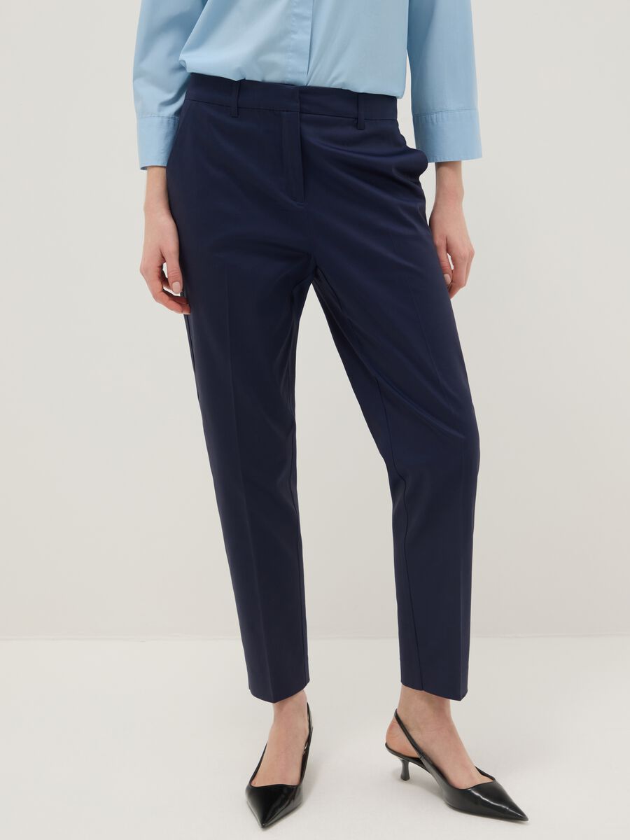Blue Stretch Cotton Satin Trousers Regular Fit_1