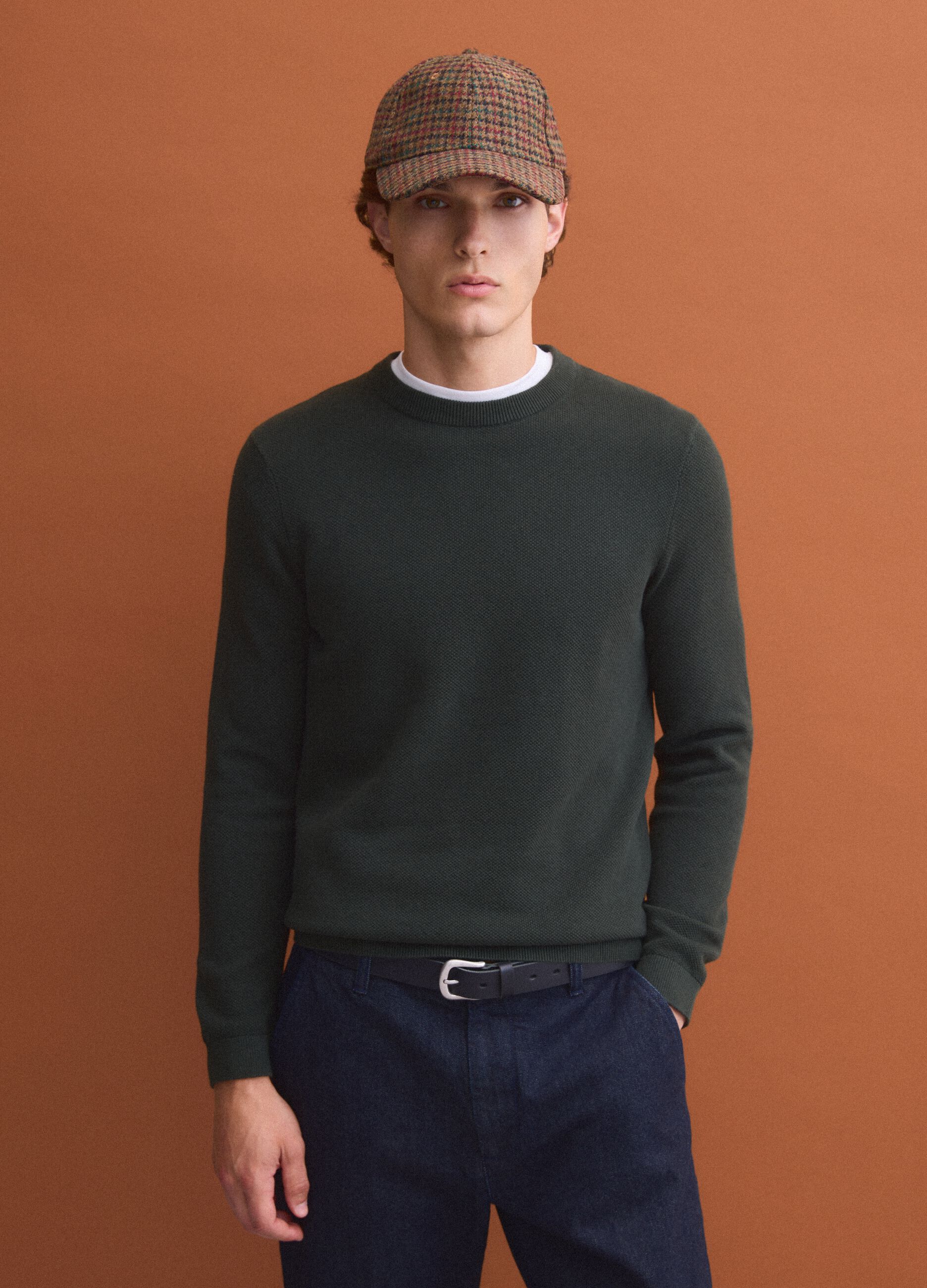 Green pure cotton crew-neck jumper, regular fit