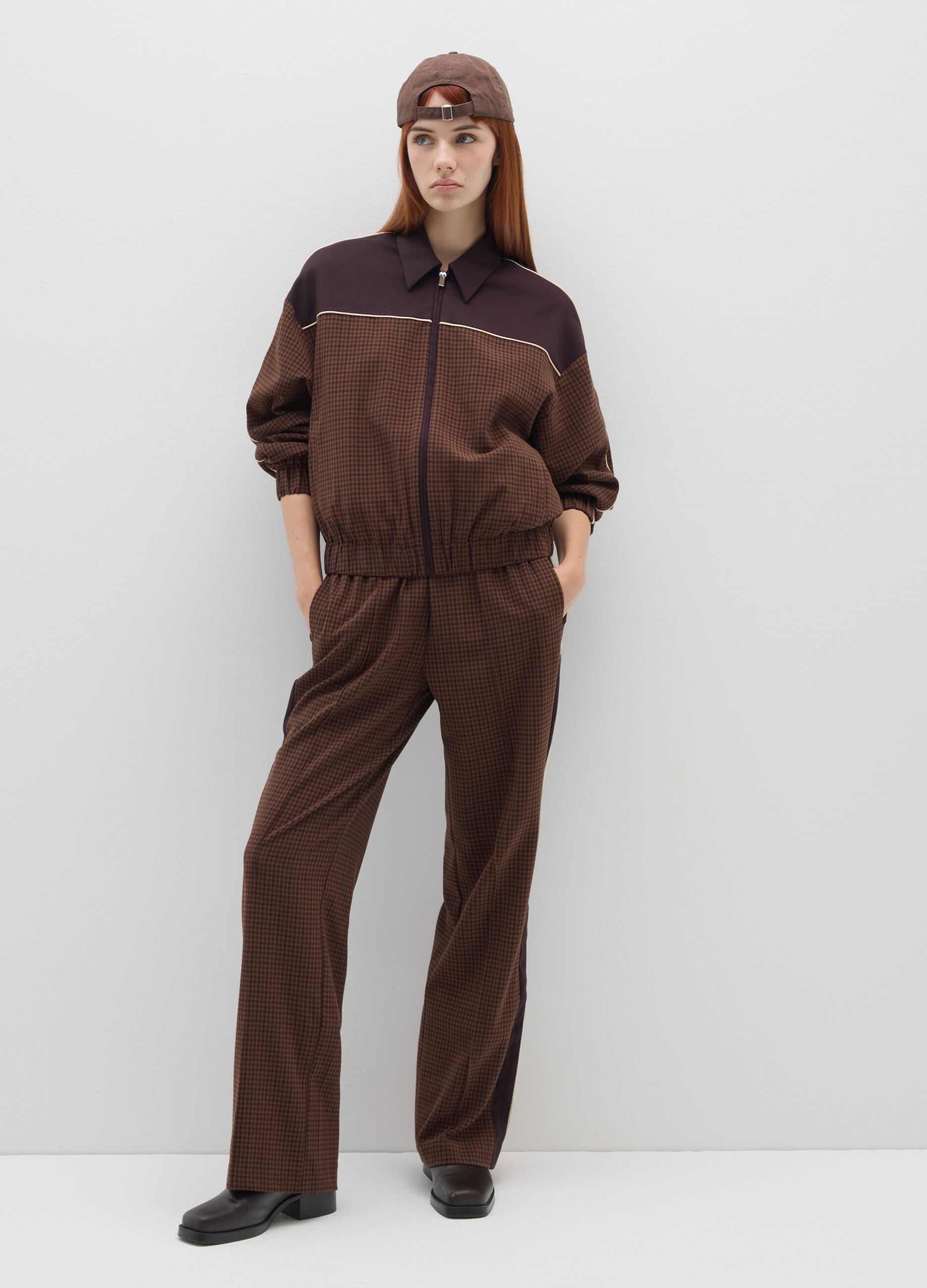 Brown checked regular fit trousers