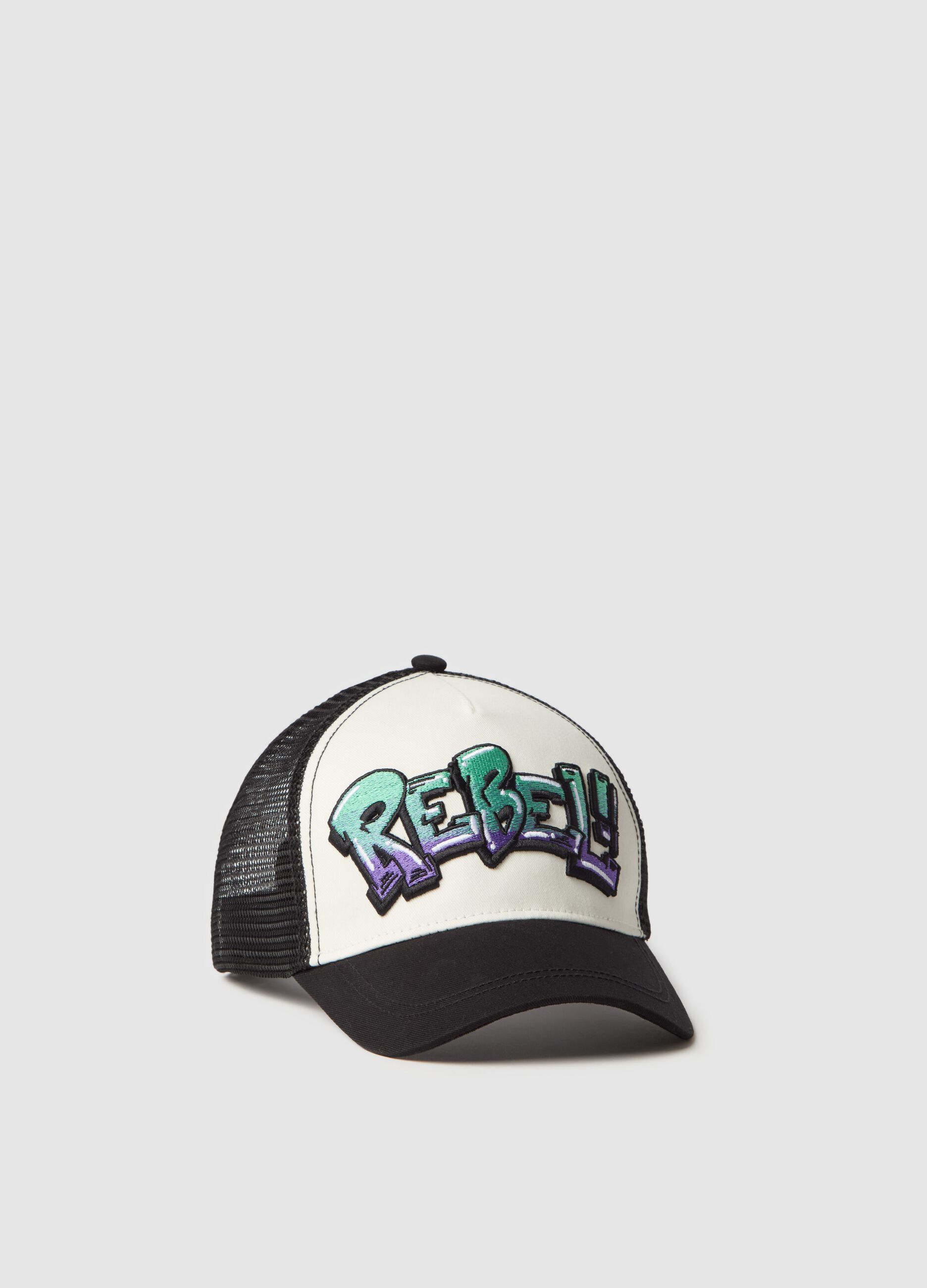 Baseball cap with "REBEL!" patch