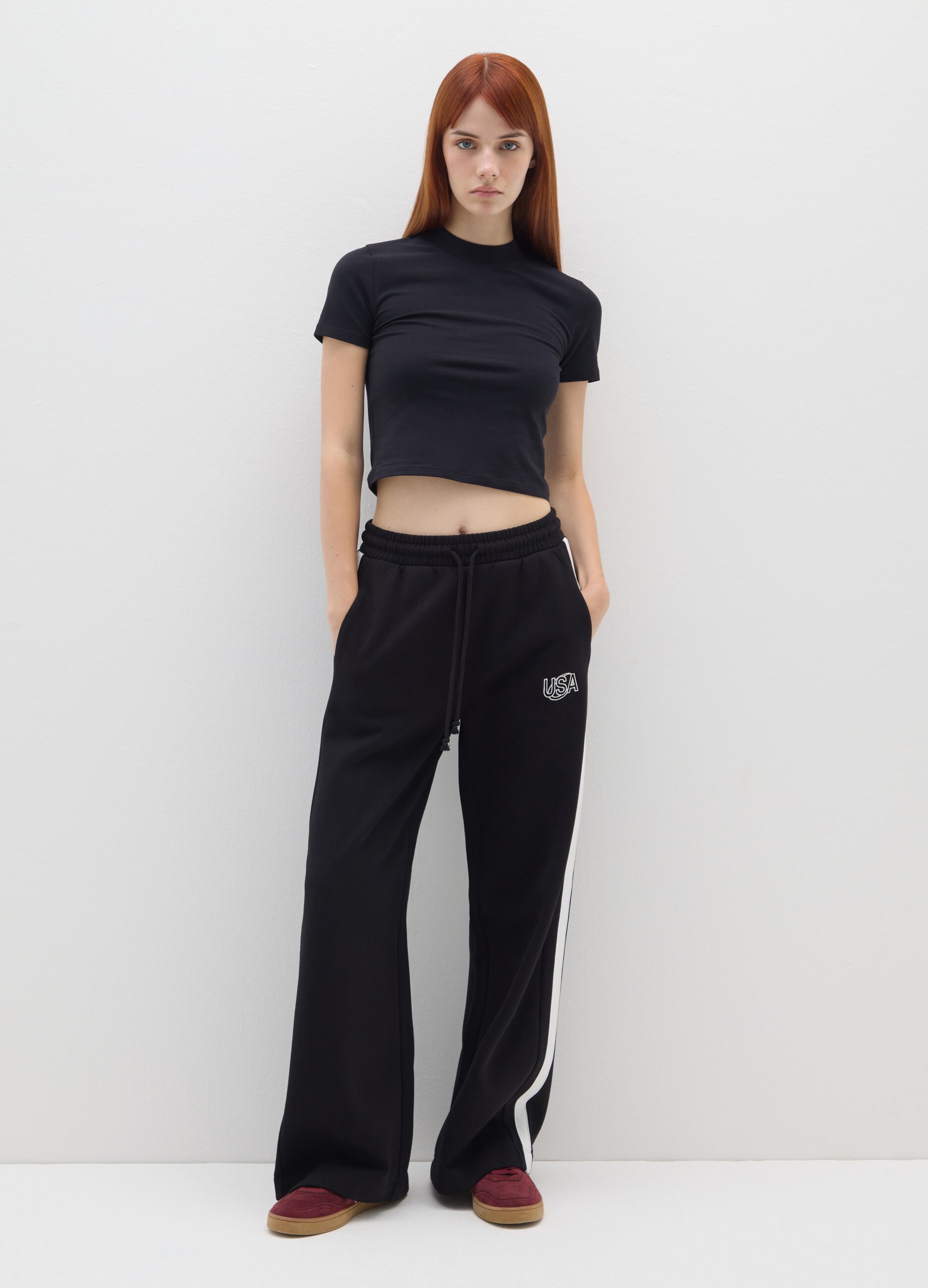 Red Wide-Leg Cotton Blend Trousers