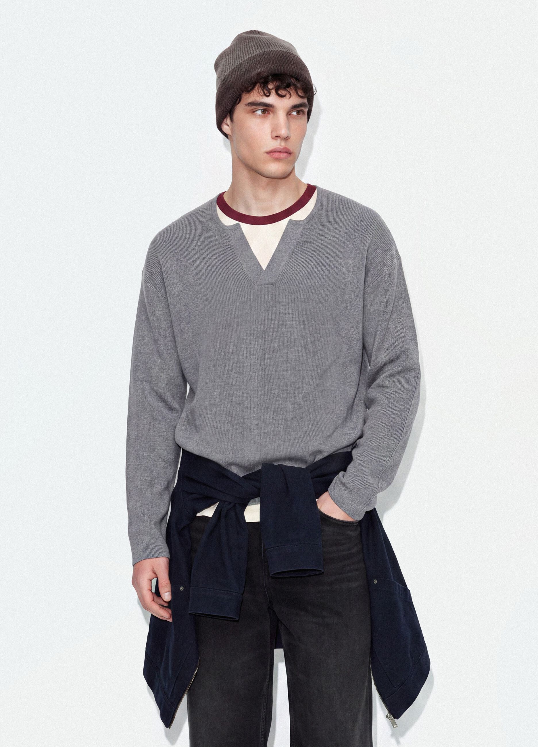 Grey cotton-blend regular-fit Henley top