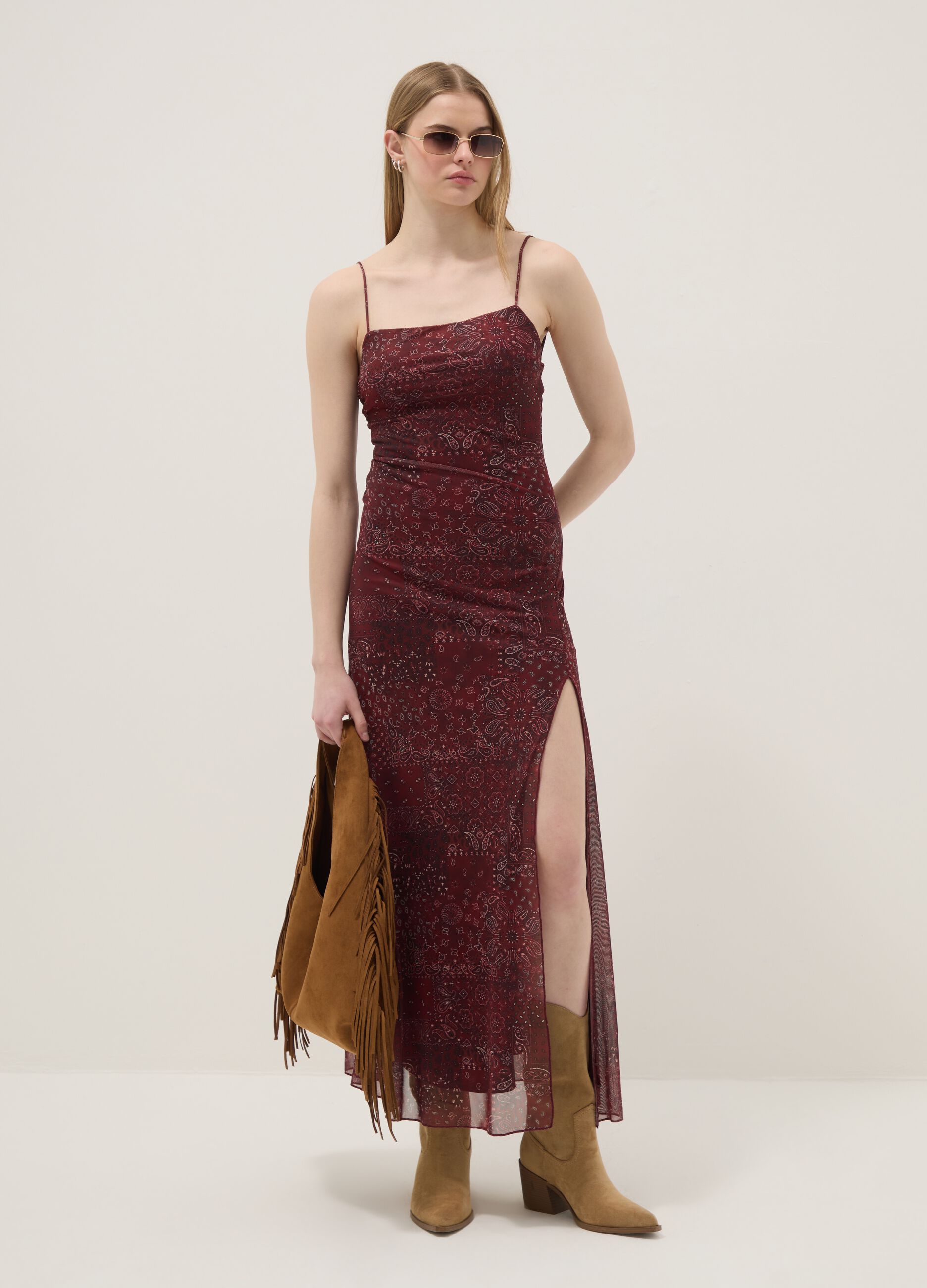 Red paisley stretch maxi dress with side slit
