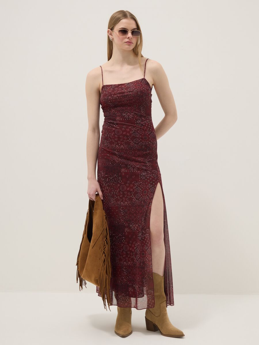 Red paisley stretch maxi dress with side slit_0