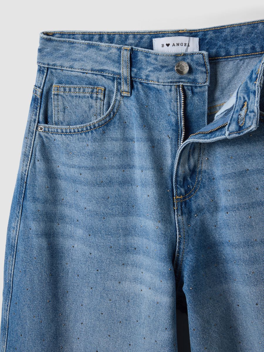 Jeans blu in puro cotone skater fit con strass_2