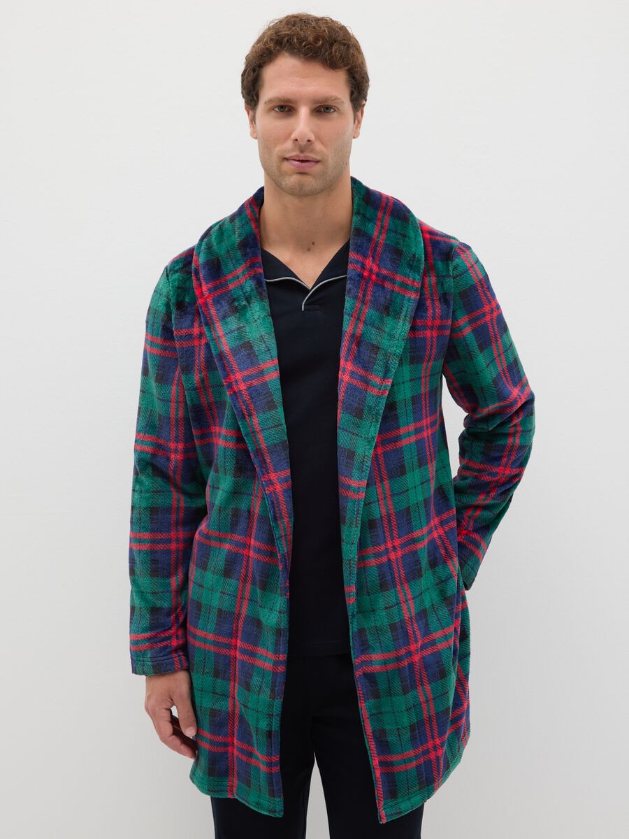 Multicolour checked coral fleece dressing gown with belt_1