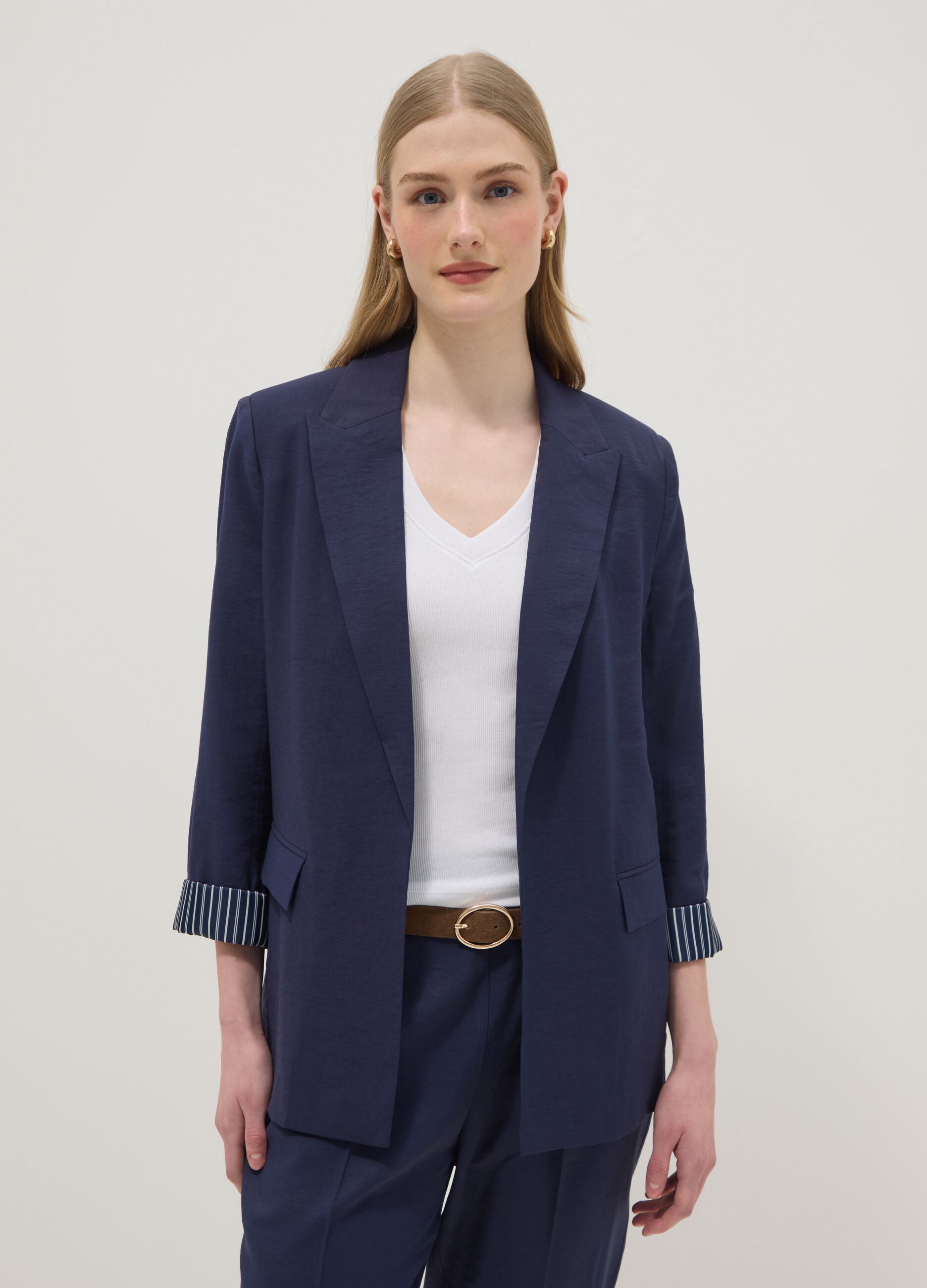 Blazer in misto viscosa blu regular fit con polsini a righe