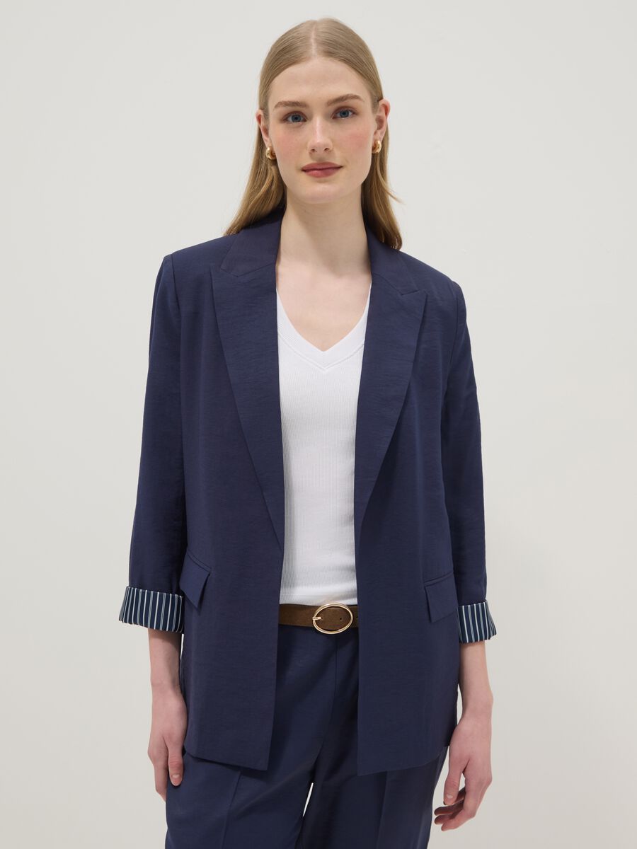 Blazer in misto viscosa blu regular fit con polsini a righe_1