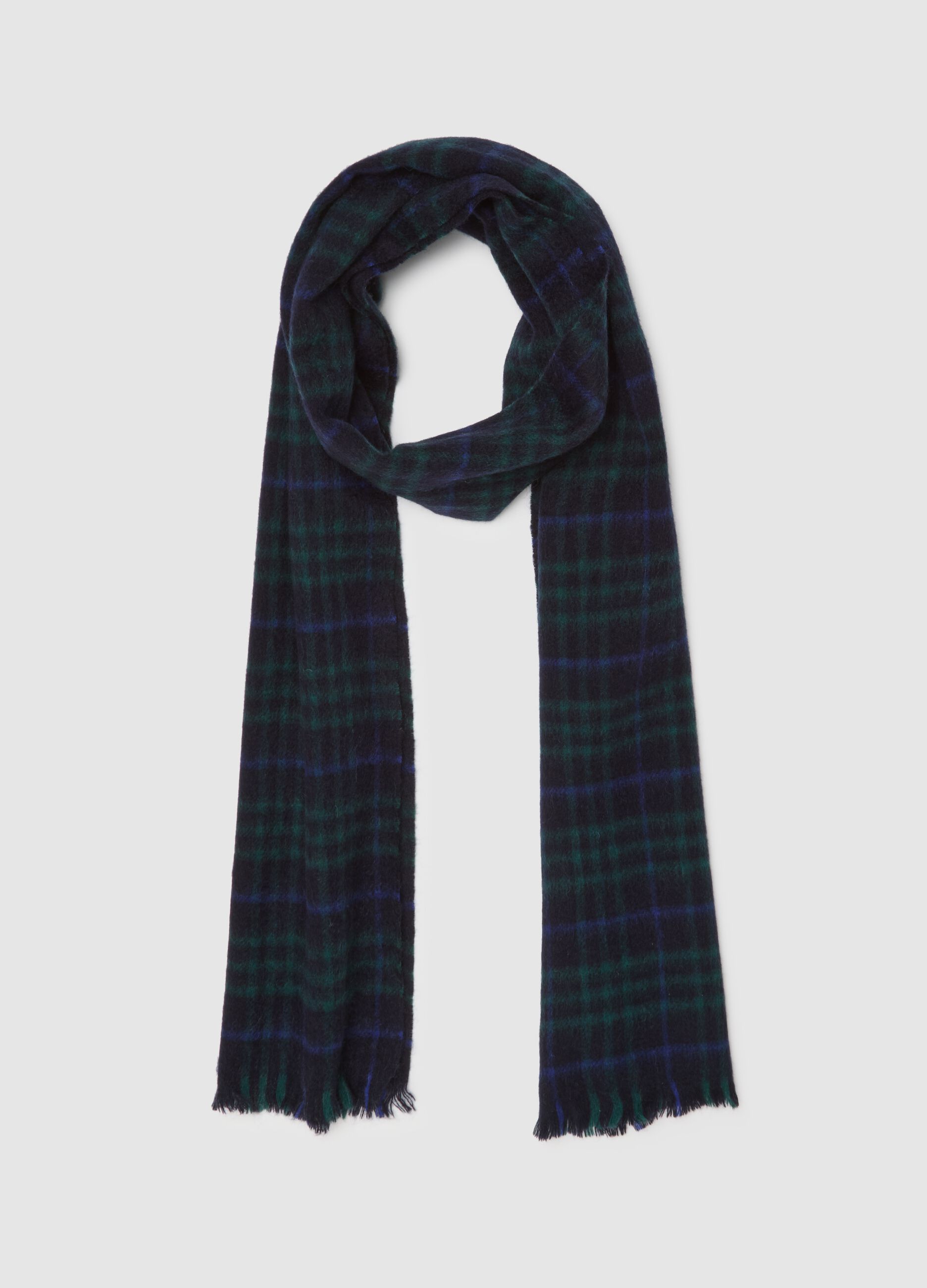 Blue Checked Pure Wool Scarf