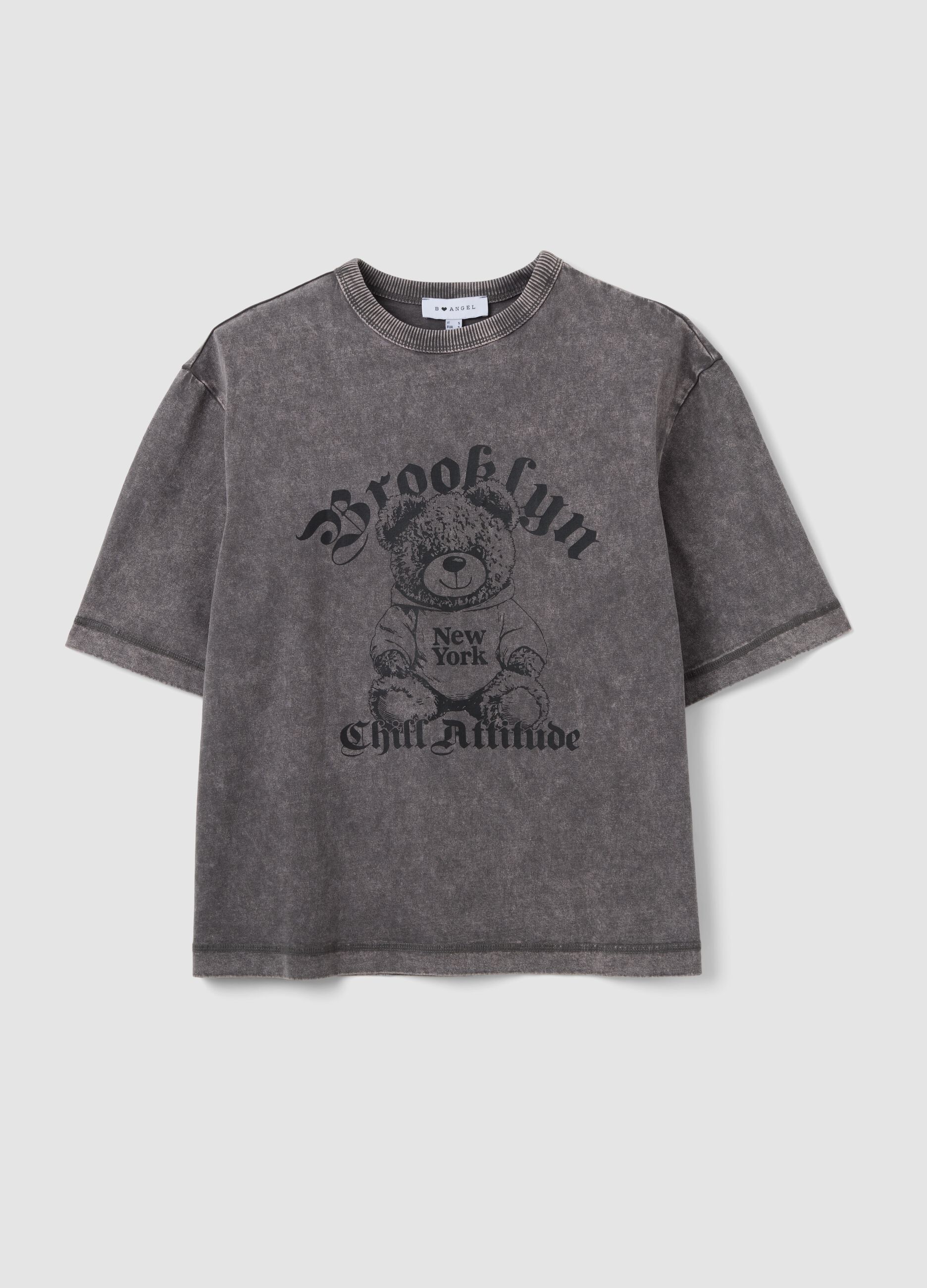 Grey pure cotton oversized T-shirt with teddy bear print