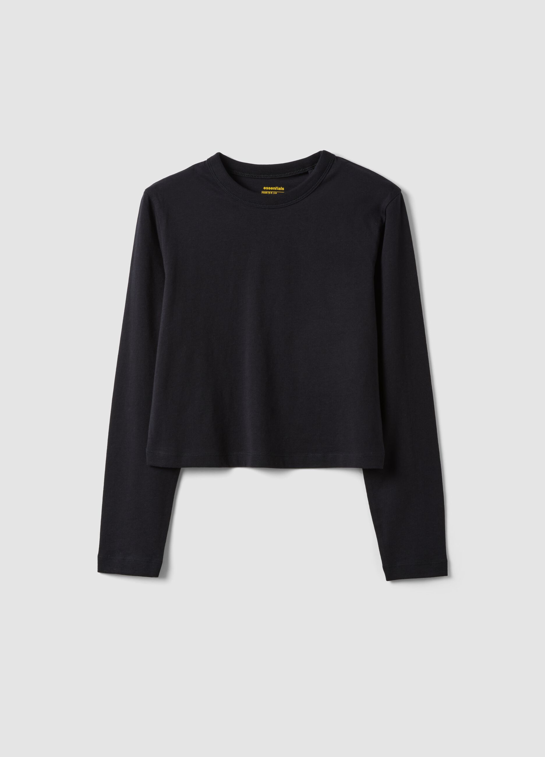 Black pure cotton T-shirt with ribbed neckline for girls