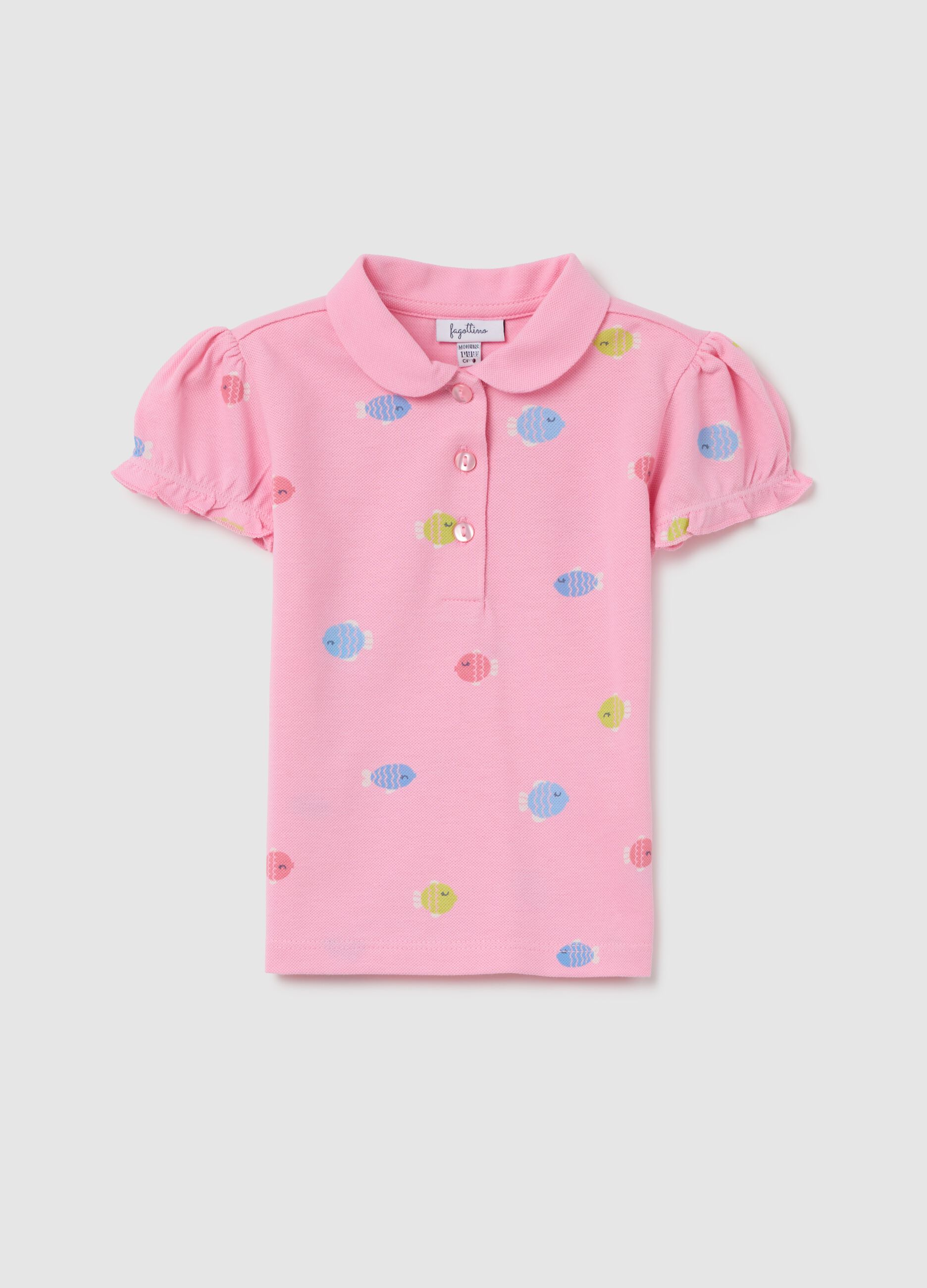 Pink polo with fish pattern in organic cotton