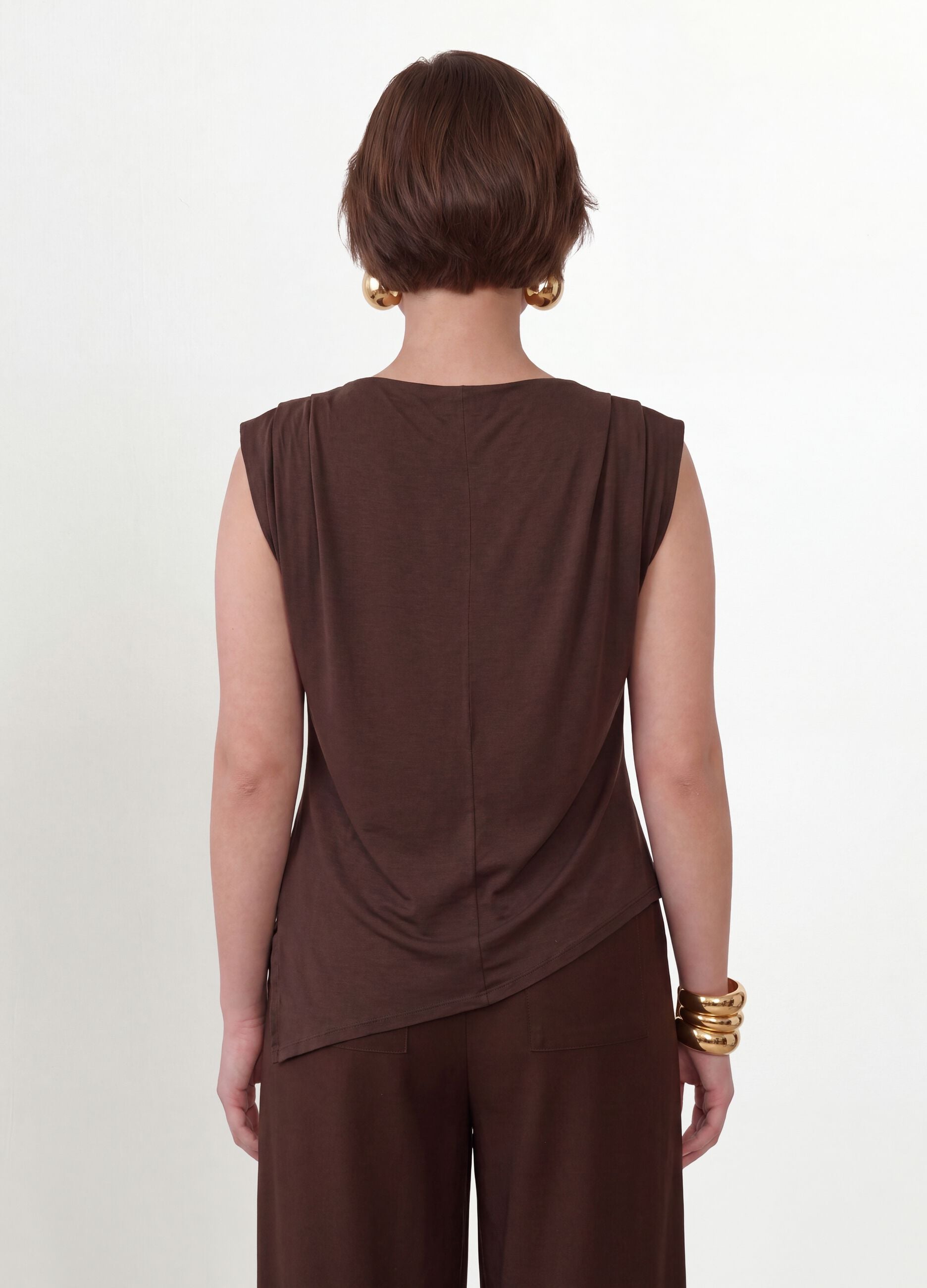 Brown stretch viscose T-shirt with draped neckline