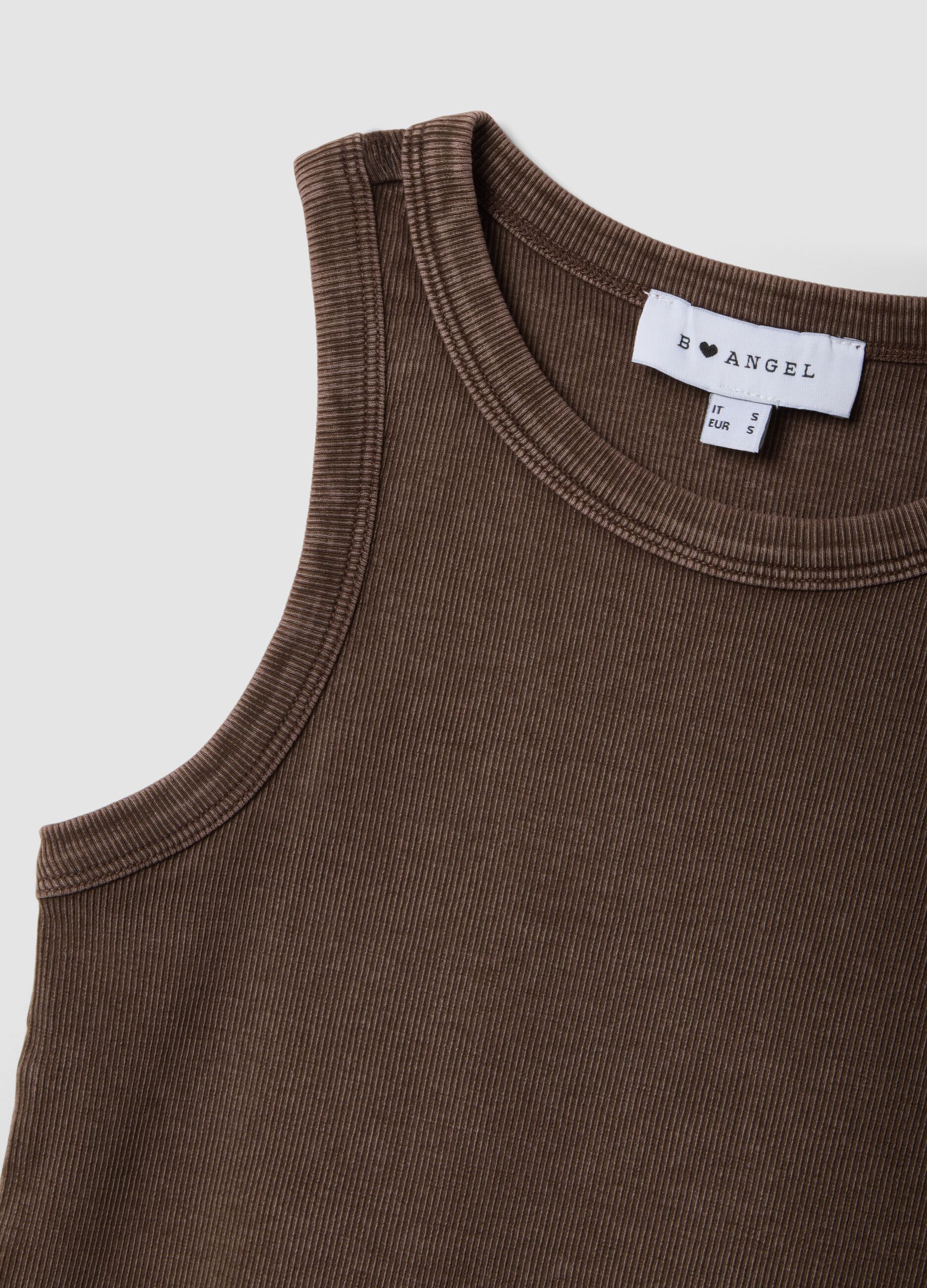 Brown ribbed stretch cotton fitted tank top