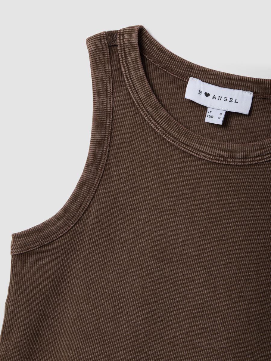 Tank top fitted marrone in cotone elasticizzato a costine_5