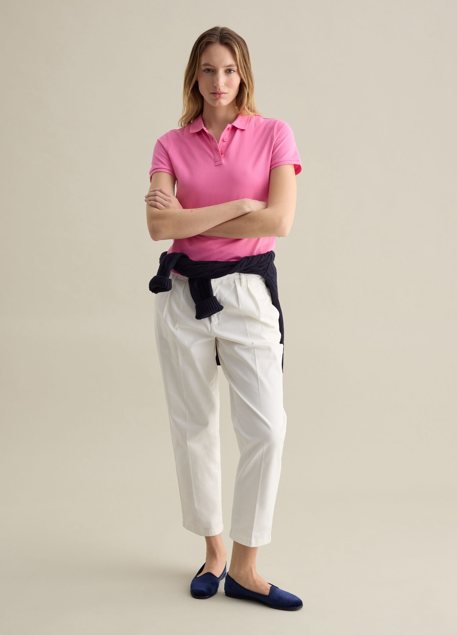 Pink short-sleeved polo shirt in piquet