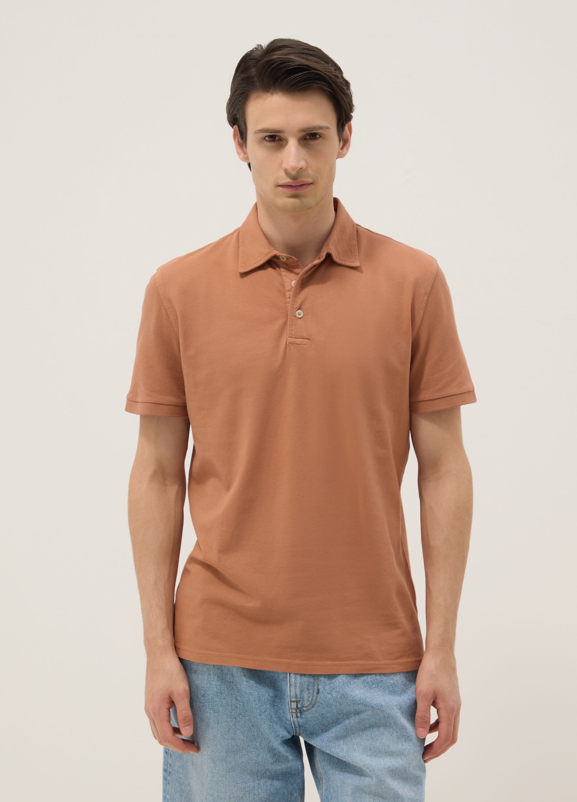 Brown pure cotton slim-fit short-sleeve polo shirt