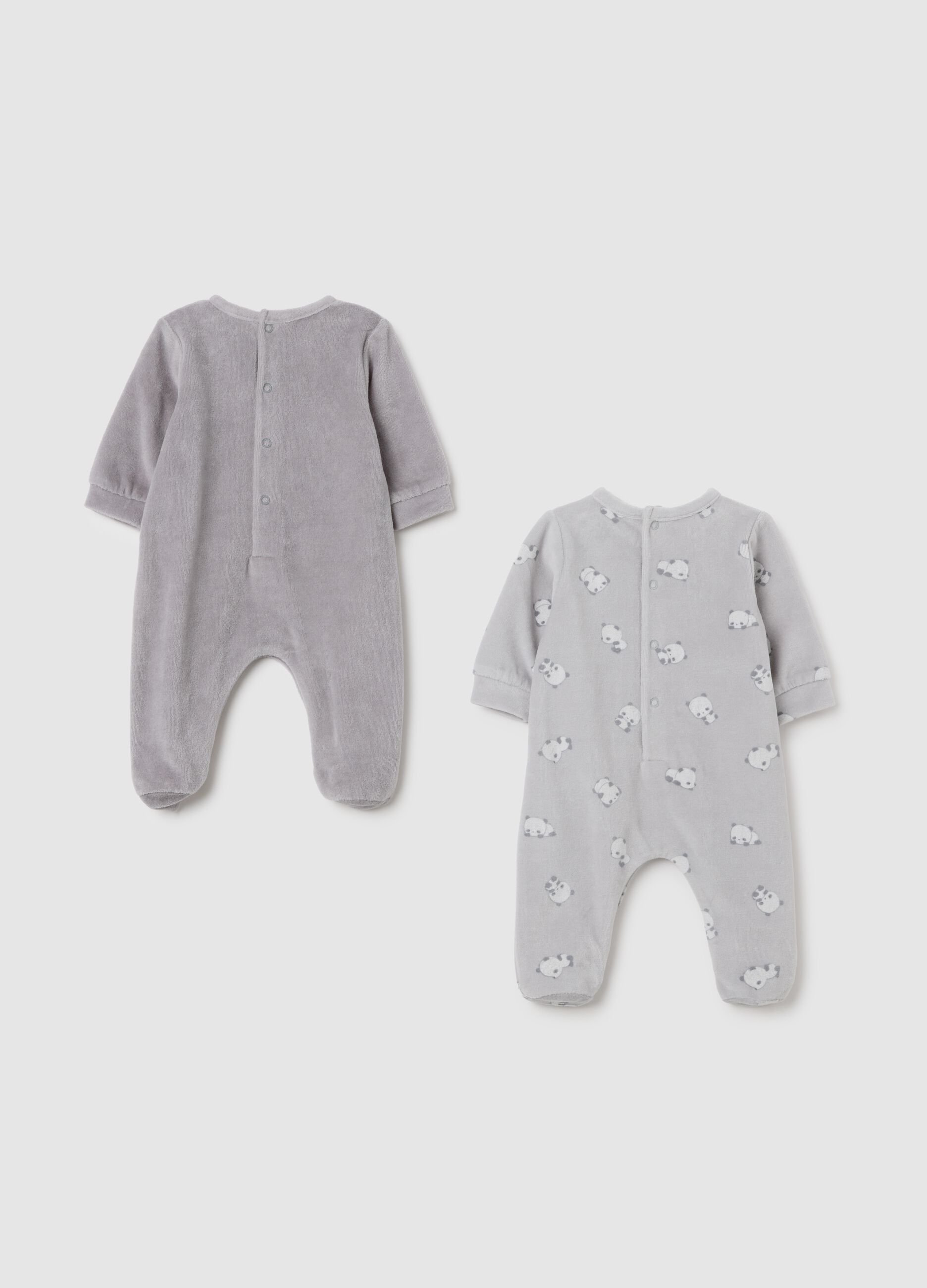 Two-pack unisex grey velour sleepsuits with snap closure