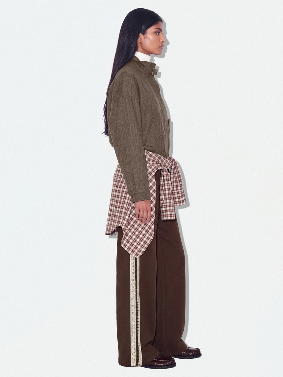 Brown cotton-blend wide-leg trousers with lace embroidery_0