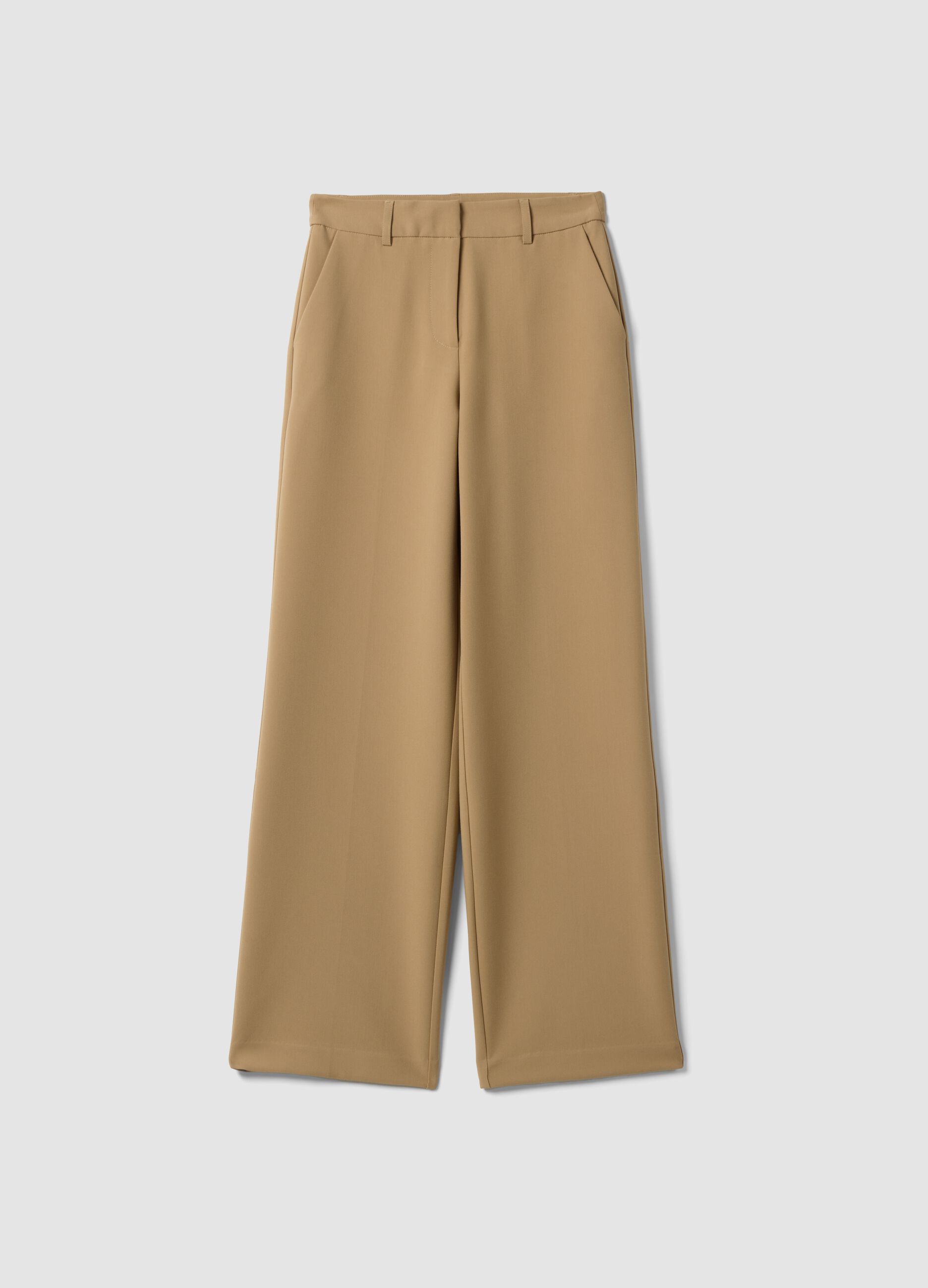 Beige straight-leg stretch viscose trousers