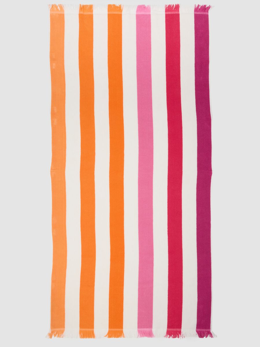 Telo mare multicolor in puro cotone a righe e con frange_2