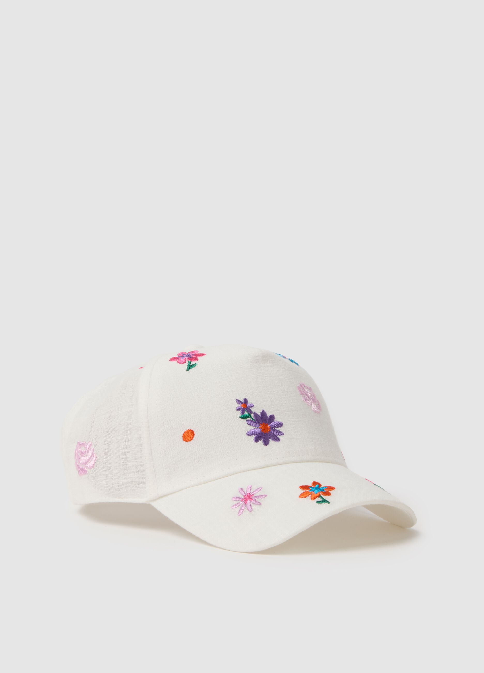 Girls' pure white cotton hat with visor and embroidery