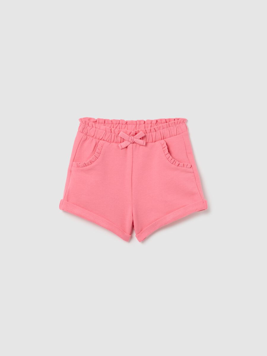 Pink French terry shorts with bow and frills_0
