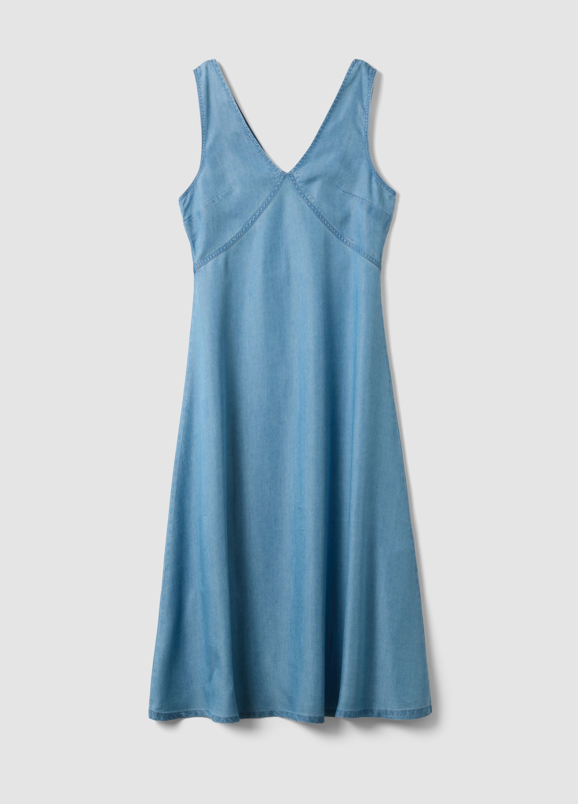 Light Blue Denim Midi Dress in 100% Lyocell, Sleeveless