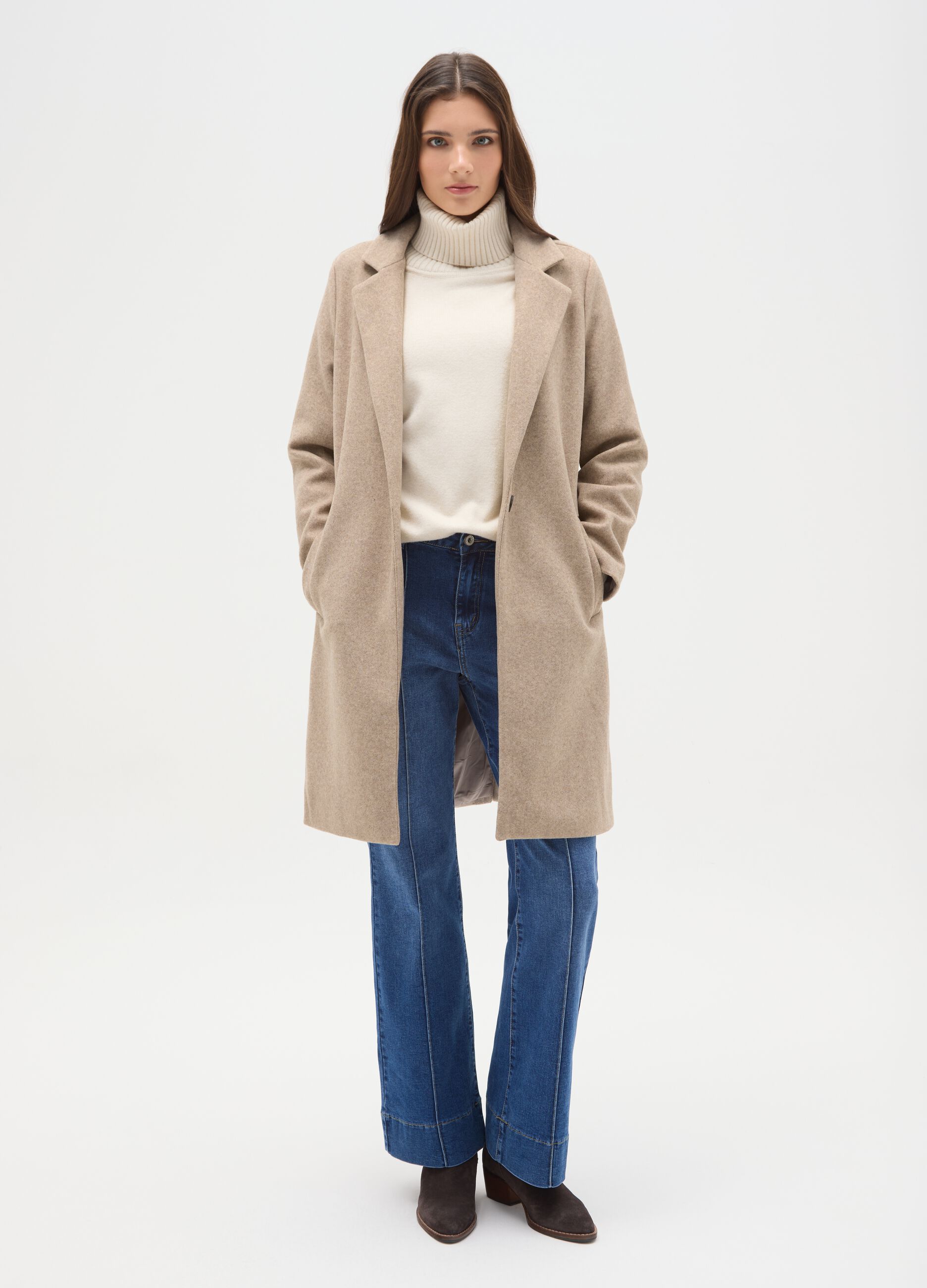 Beige Single-Breasted Regular Fit Coat