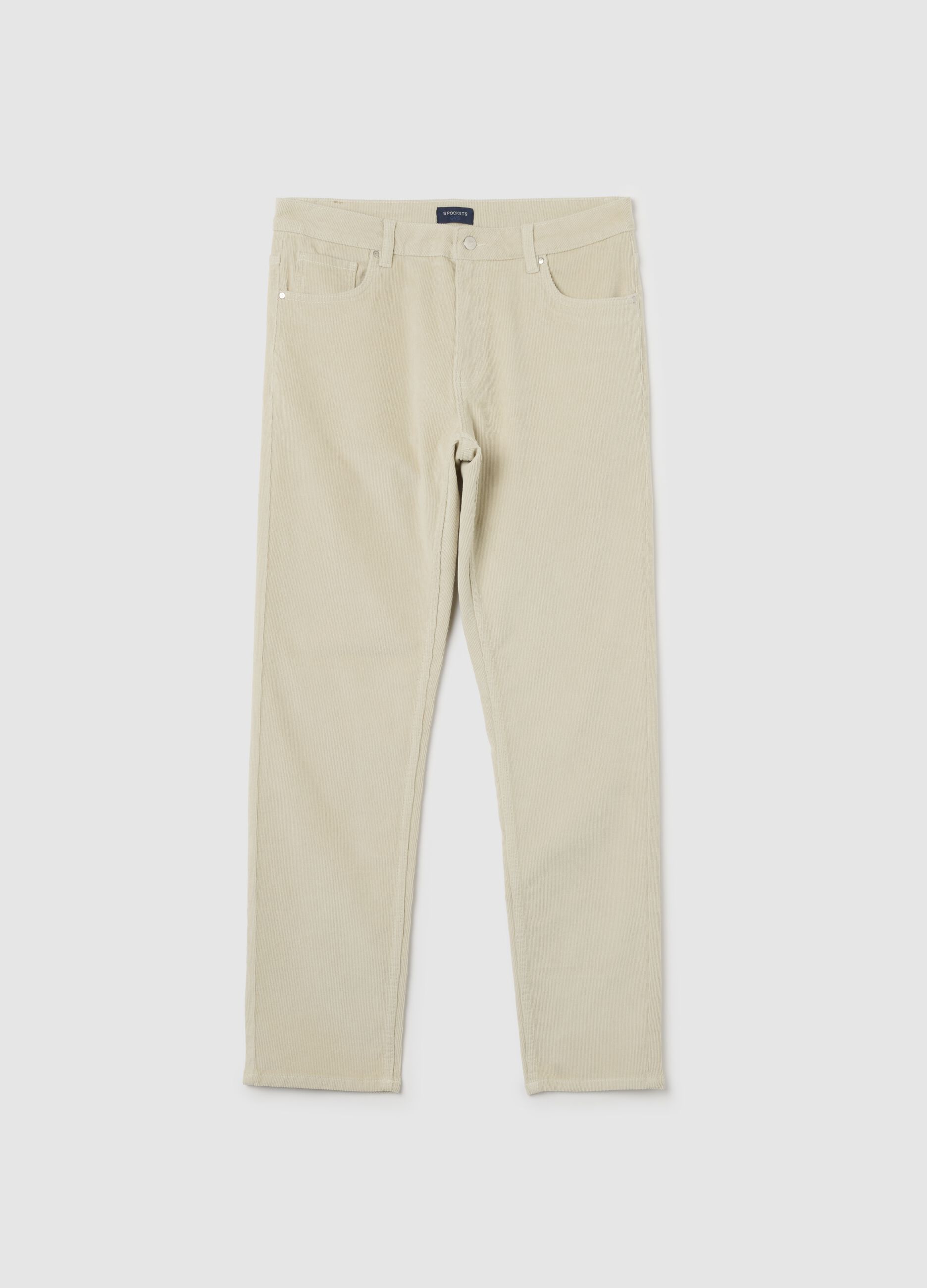 Beige slim fit stretch cotton ribbed trousers