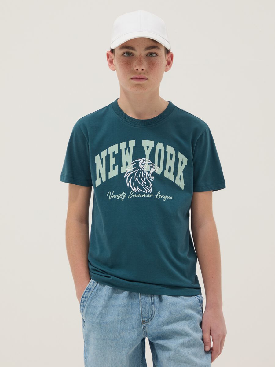 T-shirt in puro cotone verde da ragazzo regular fit con stampa_0