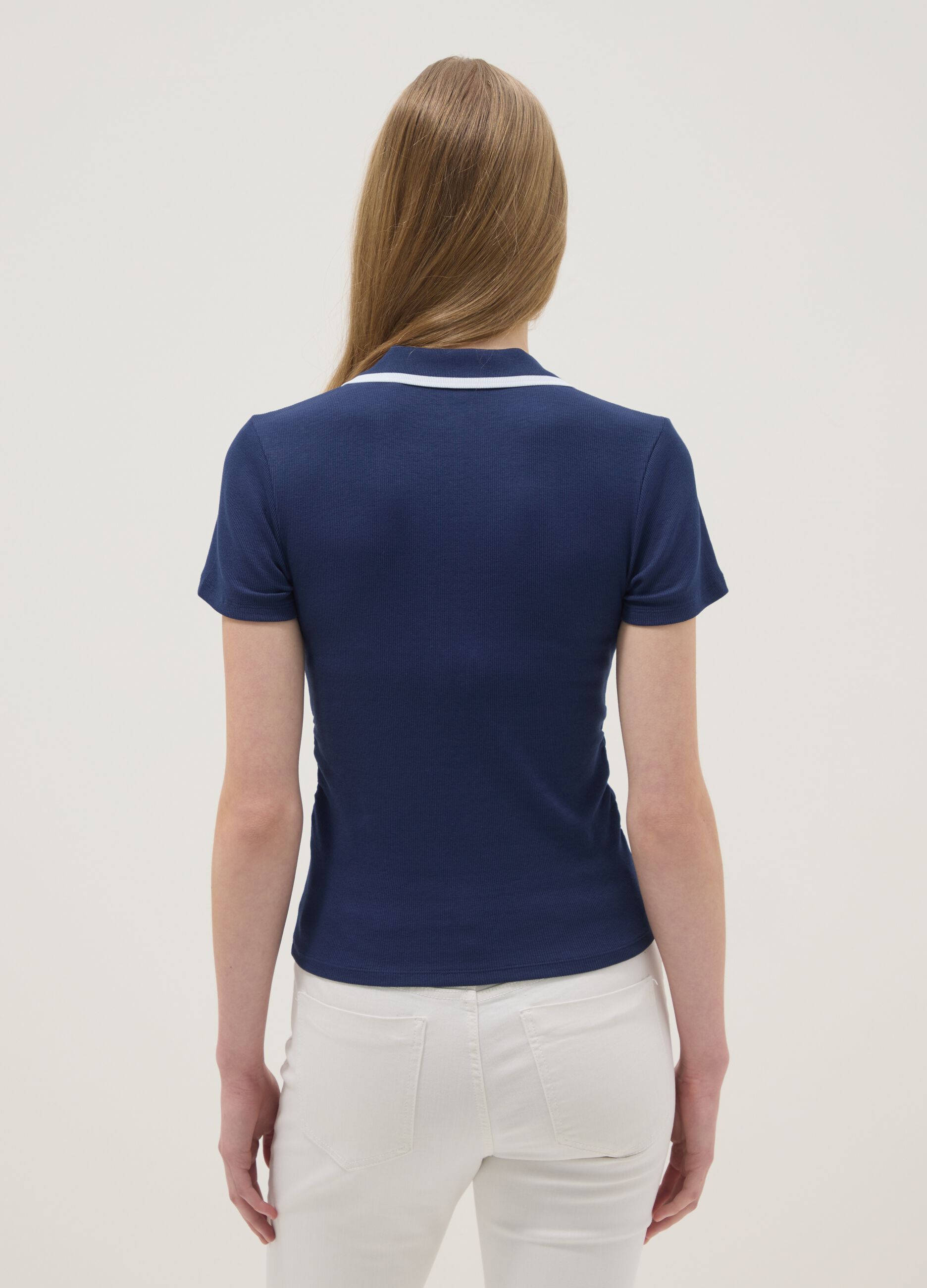 Blue stretch cotton short-sleeve polo shirt, regular fit