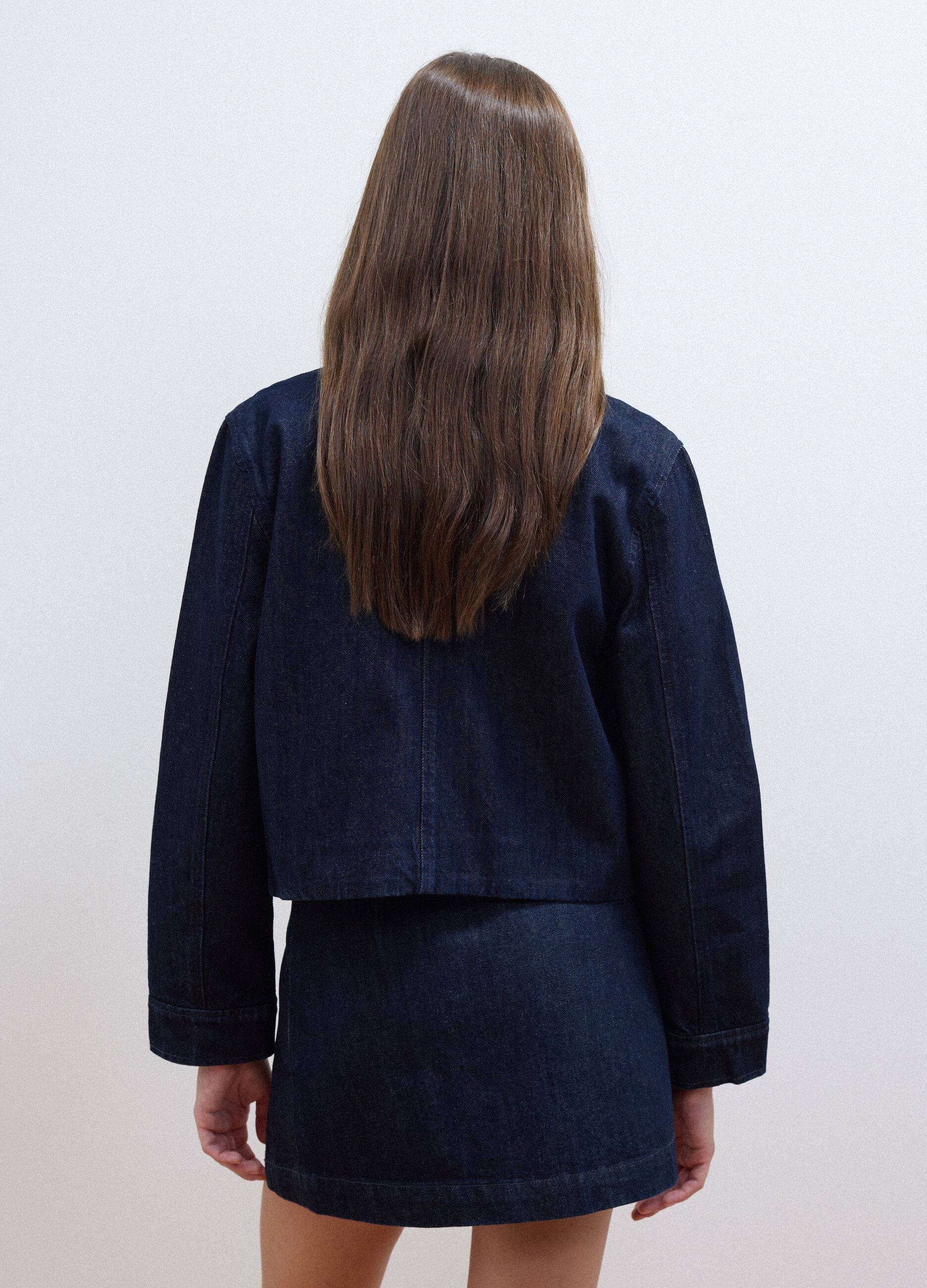 Blue cropped pure cotton denim jacket, regular fit