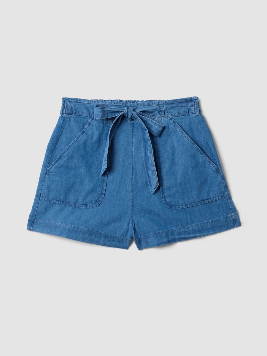 Light blue pure cotton denim shorts with elasticated waist, regular fit_0