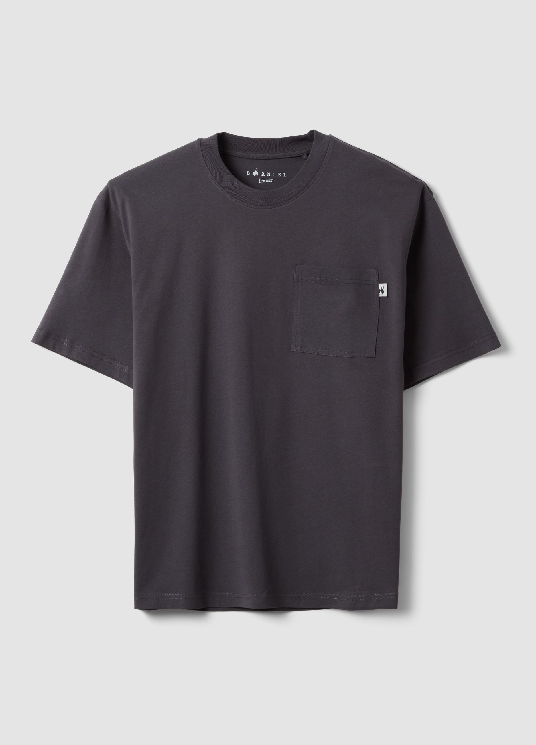 Grey pure cotton T-shirt with chest pocket, regular fit