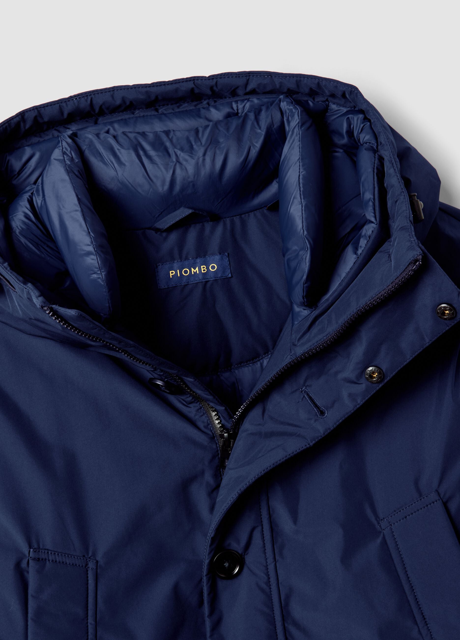 Parka imbottito lungo blu navy con cappuccio