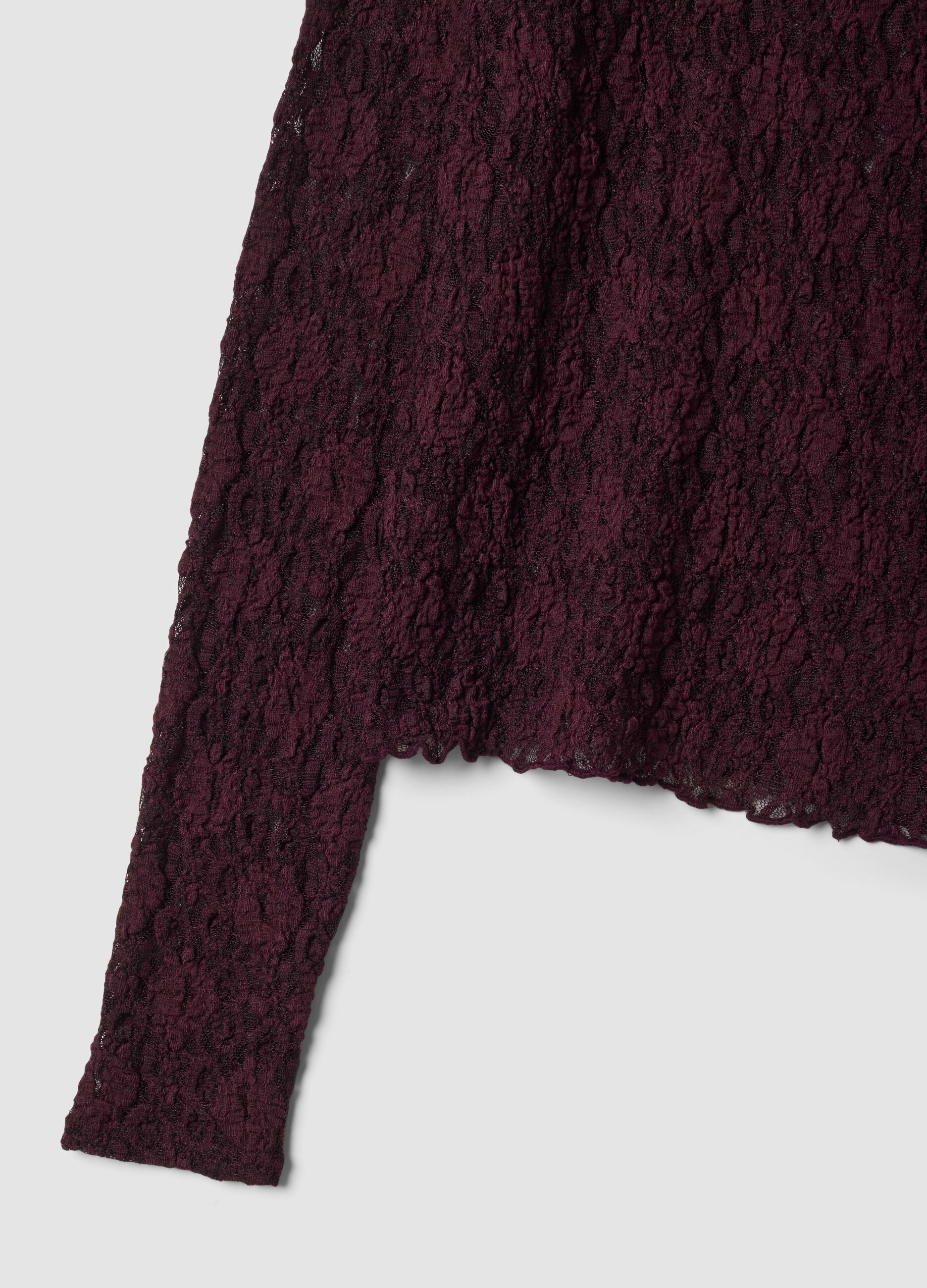 Purple perforated stretch top with stand-up collar