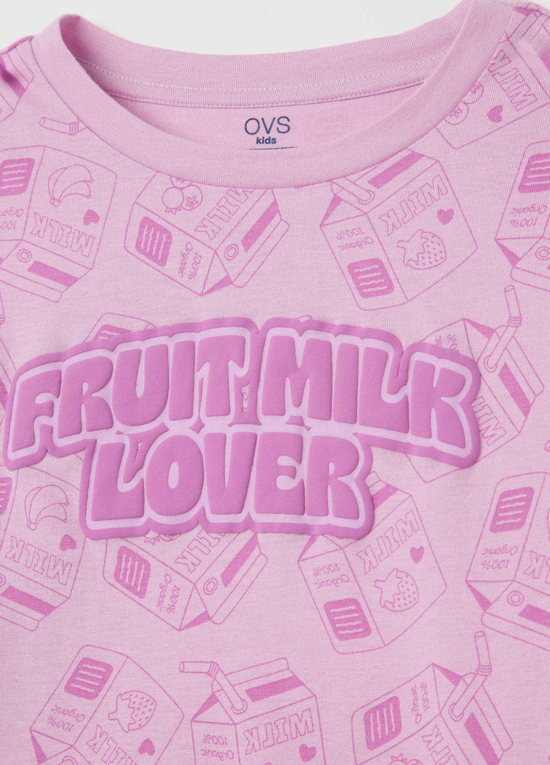 Pink short pyjamas with milk and fruit pattern for girls