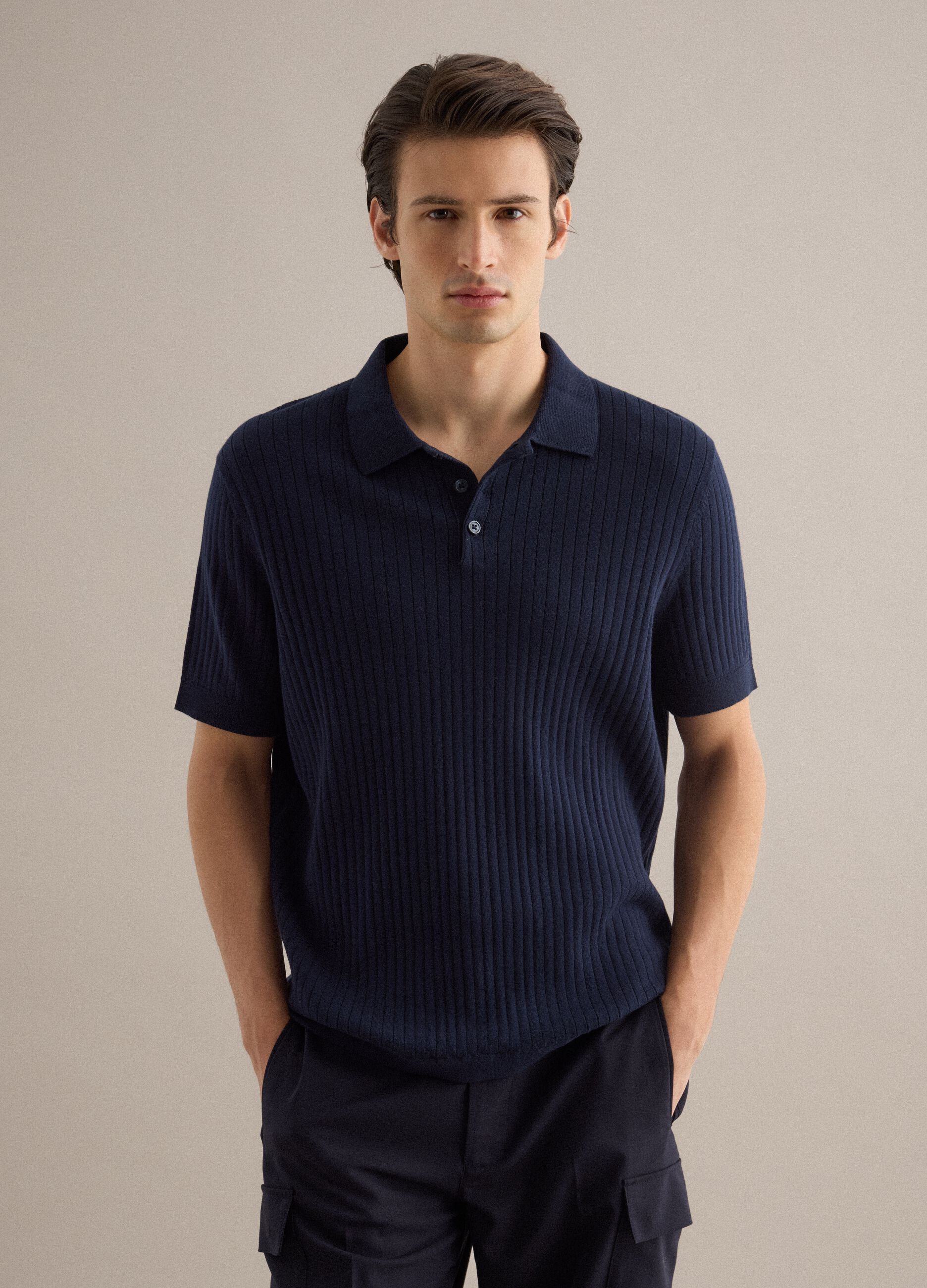 Blue striped regular fit short sleeve cotton polo shirt