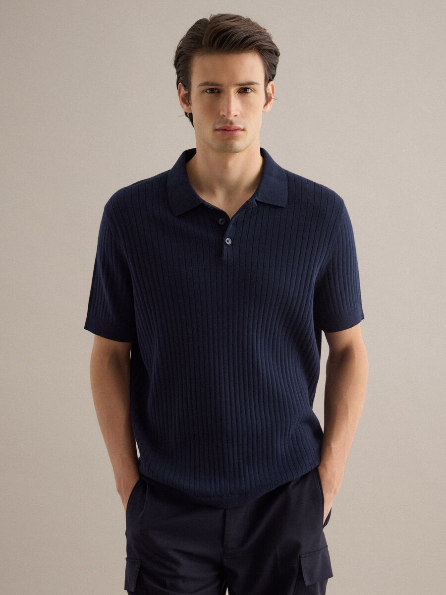Blue striped regular fit short sleeve cotton polo shirt_0