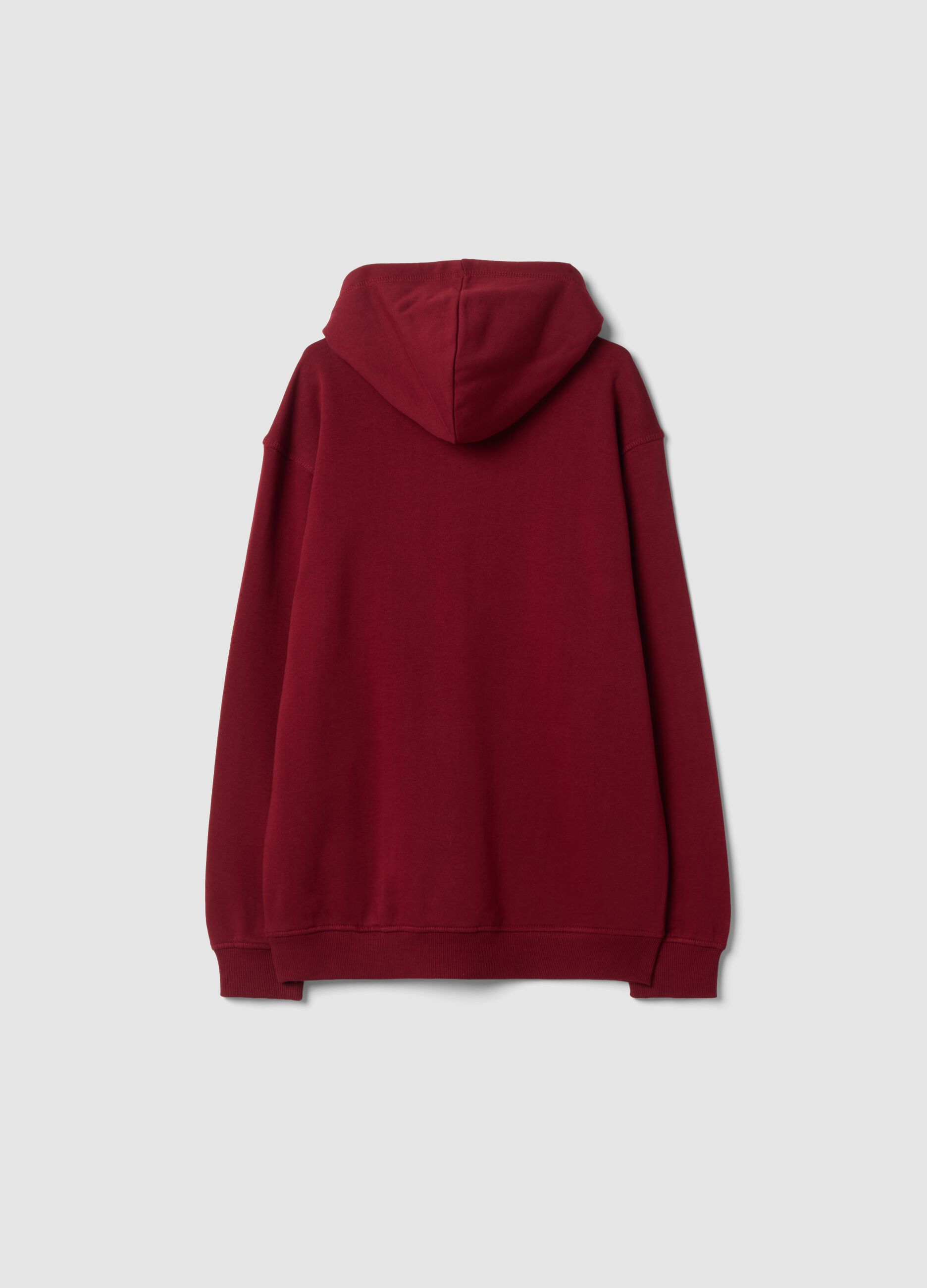 Red organic cotton hoodie with racing prints, relaxed fit