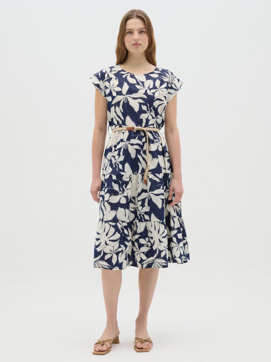 Women's long cotton dress with stretch multicolour regular fit and belt_0