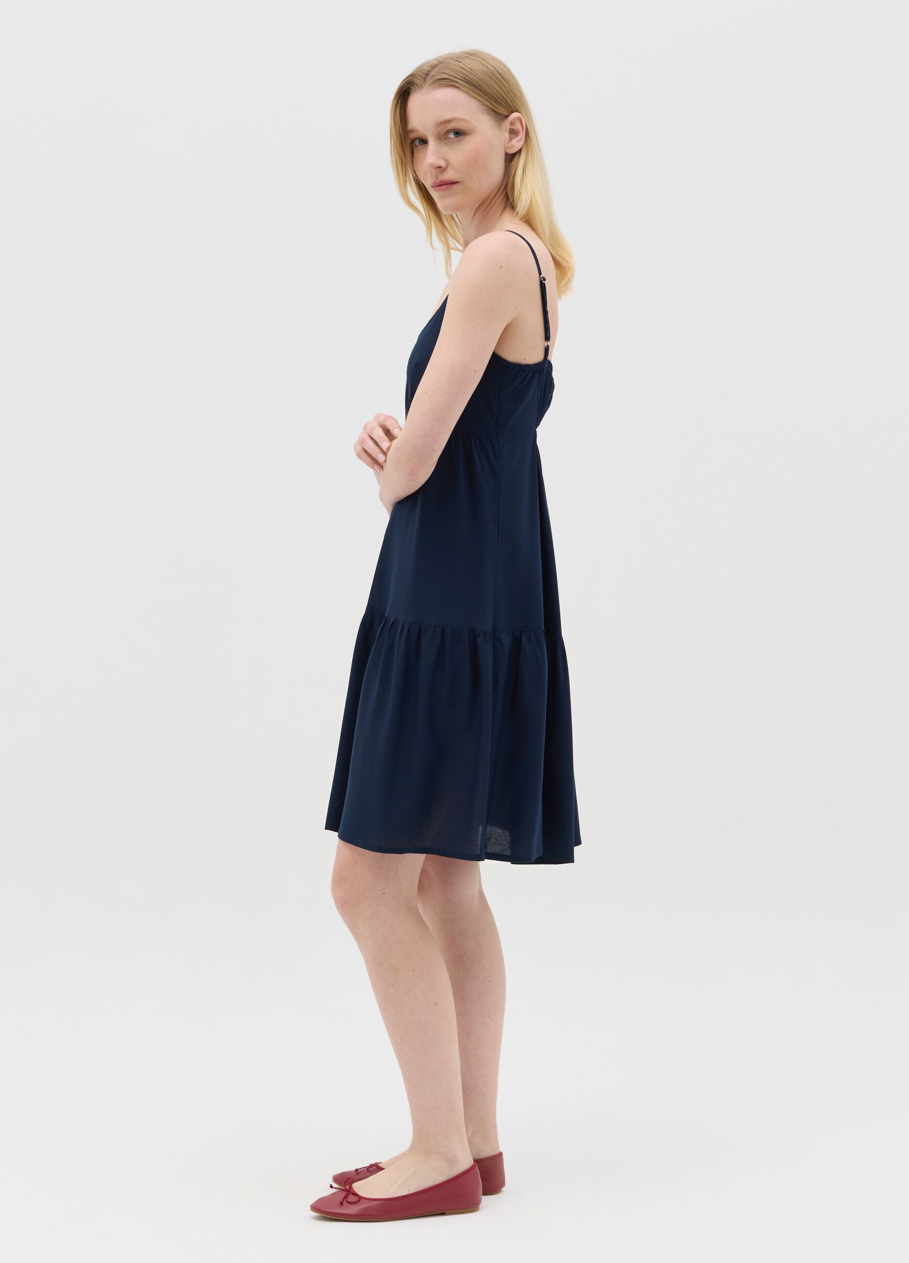 Blue viscose dress with V neck and flounce